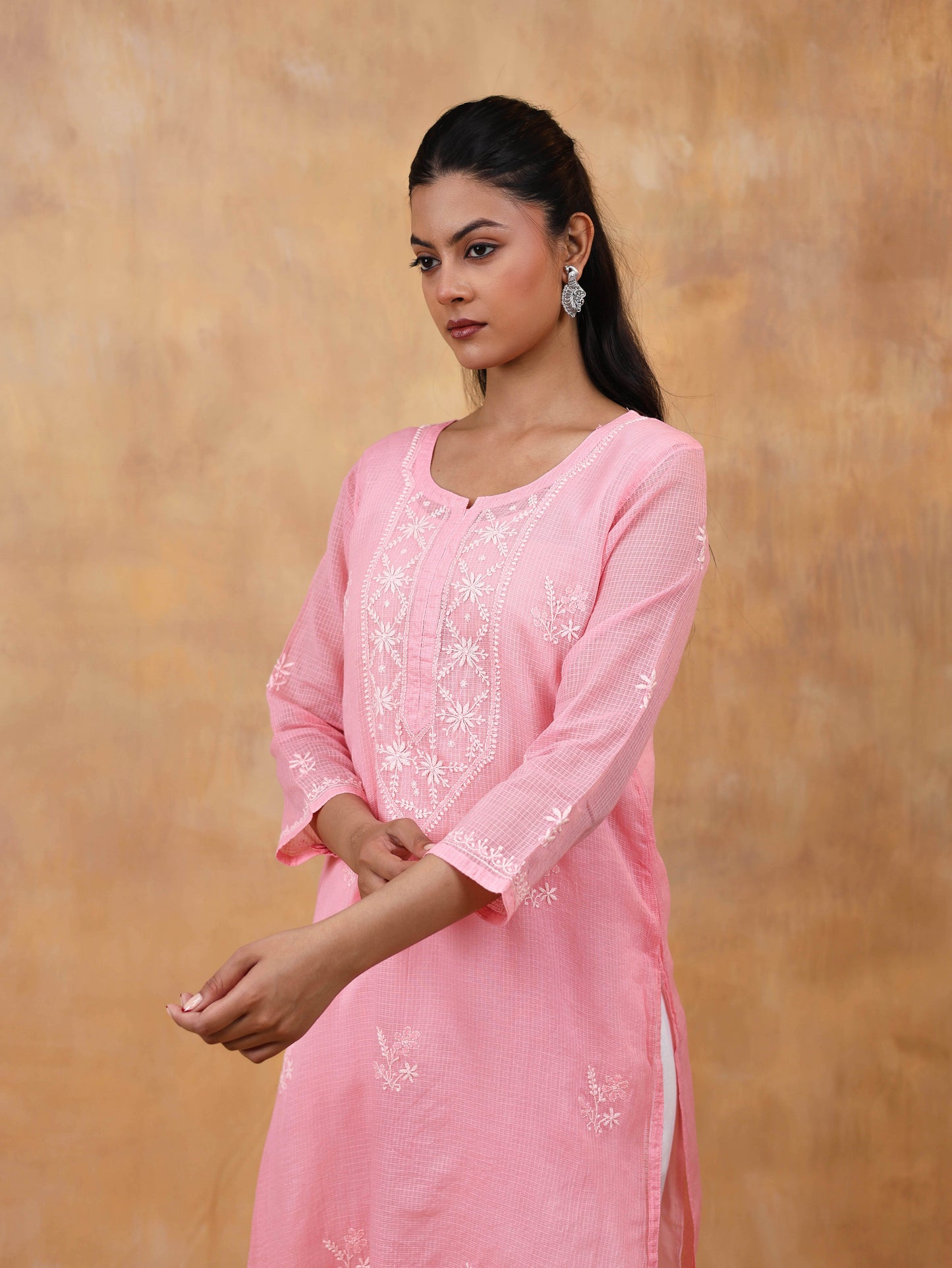 Kota Doria Long Chikankari Kurti