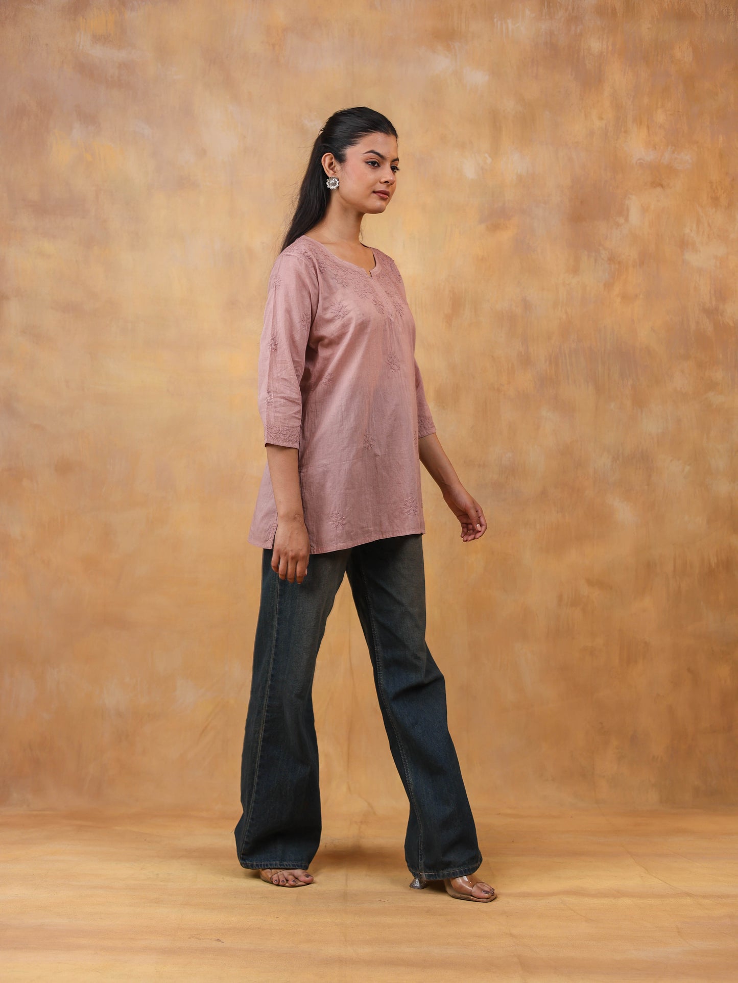 Brown Cotton Chikankari Short Top