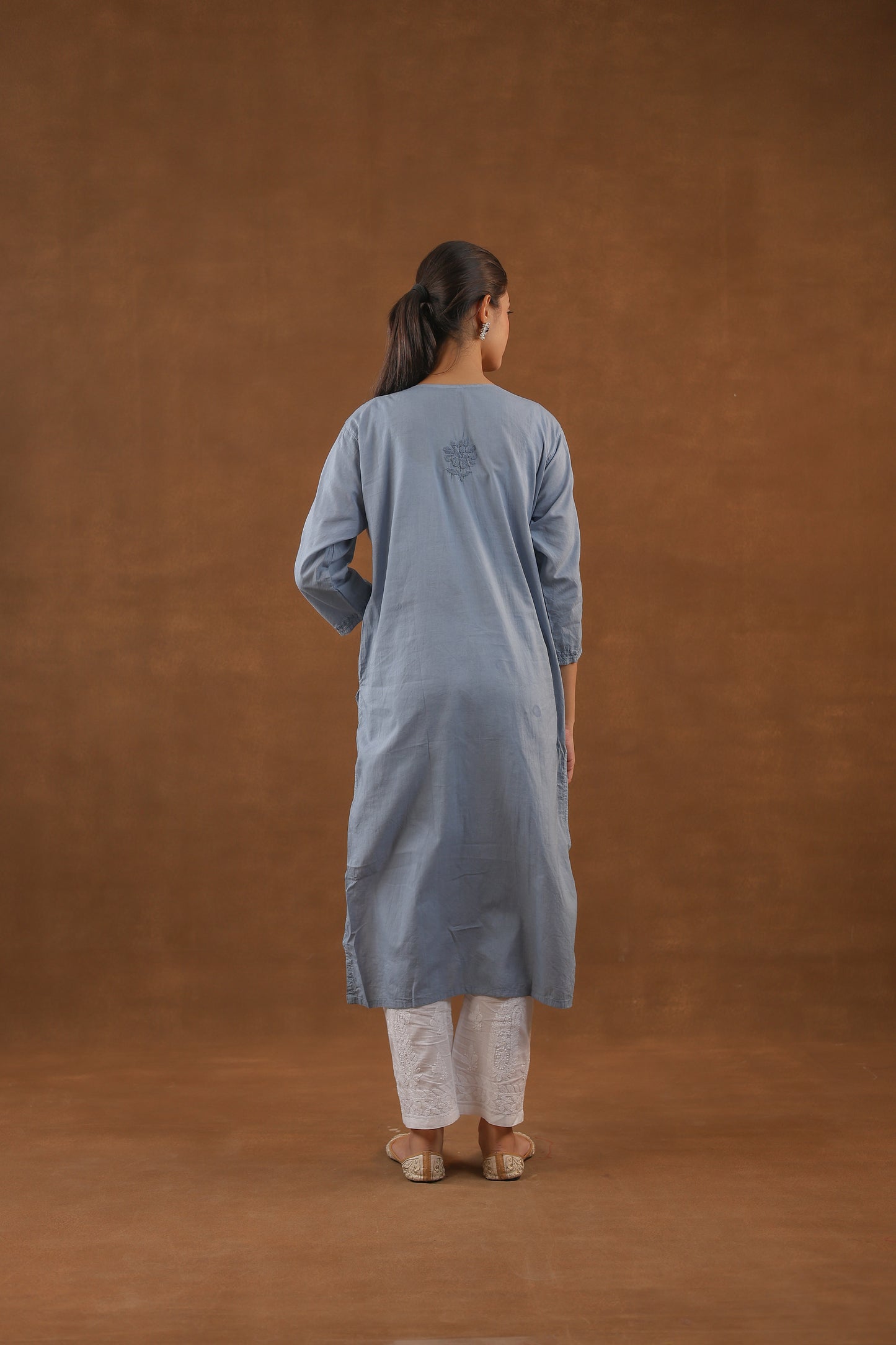 Cotton V-Neck Long Chikankari Kurti