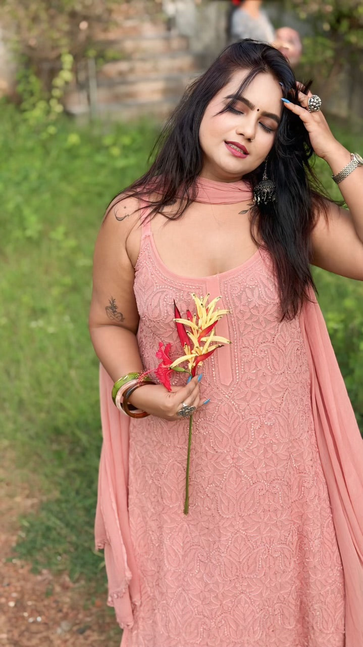 Georgette Sleeveless Long Viscose  Chikankari Jaal Kurti