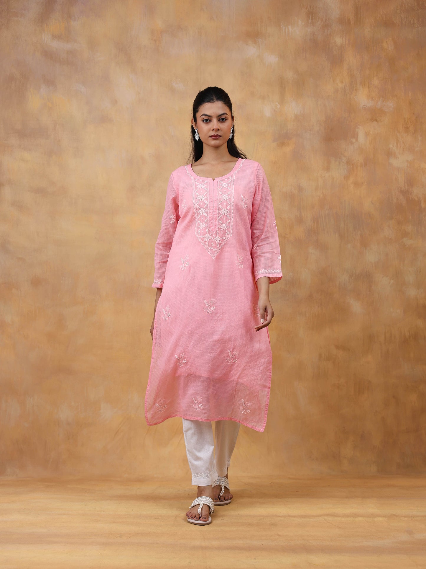 Kota Doria Long Chikankari Kurti
