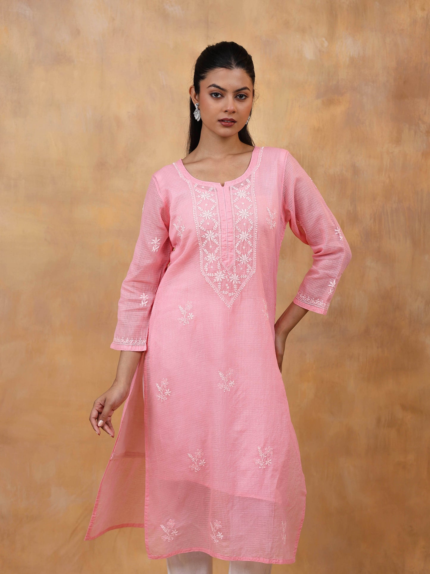 Kota Doria Long Chikankari Kurti