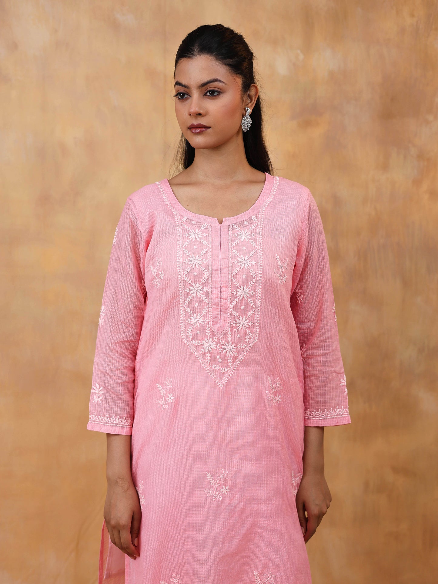 Kota Doria Long Chikankari Kurti