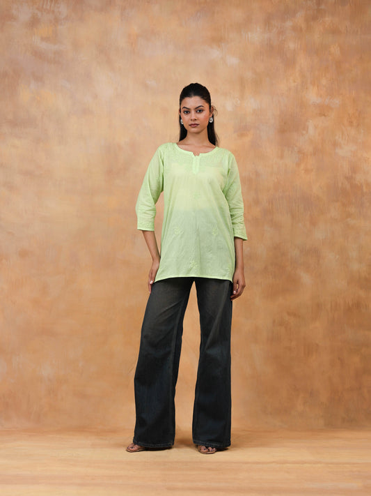 Green Cotton Chikankari Short Top