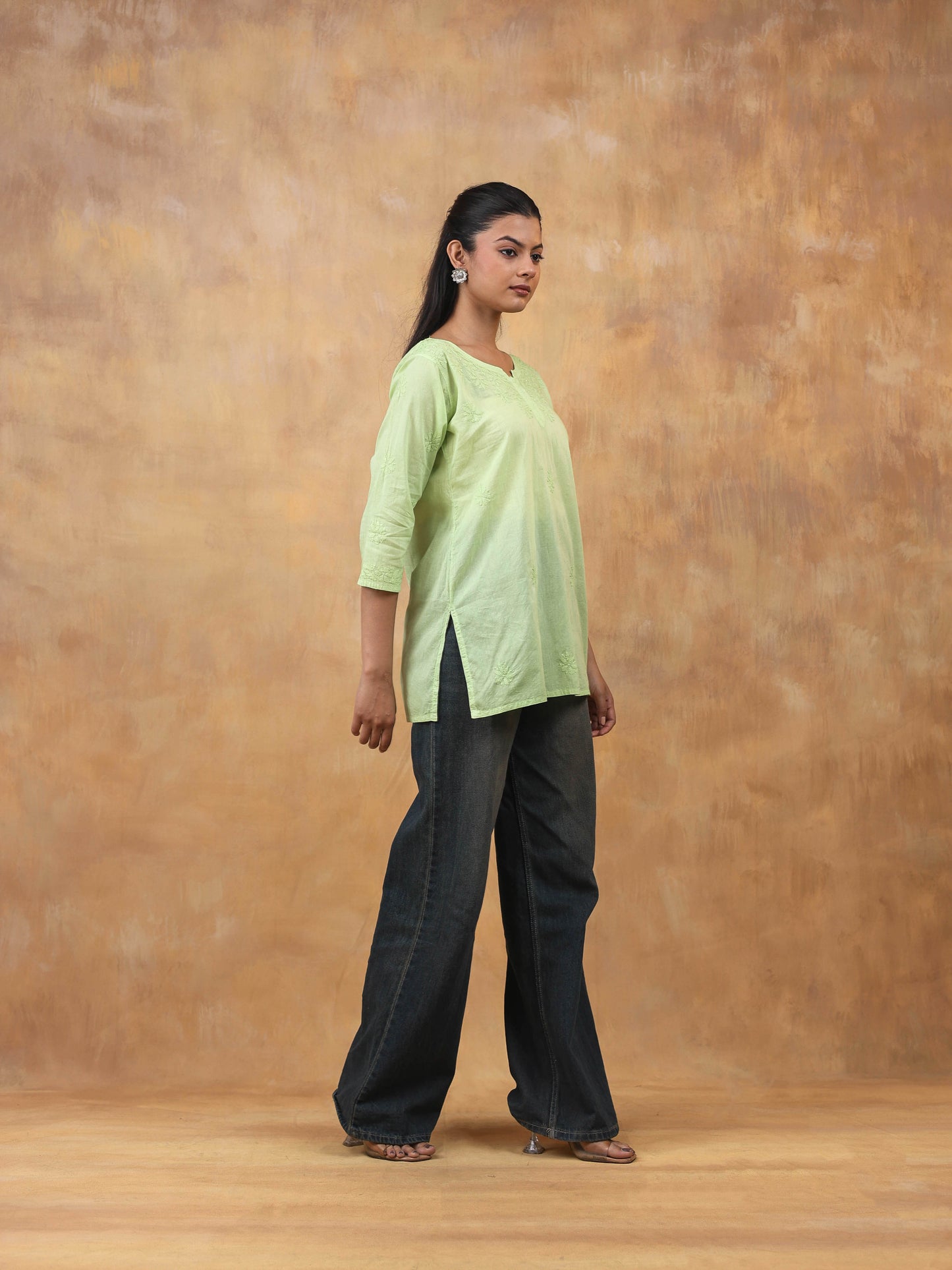 Green Cotton Chikankari Short Top