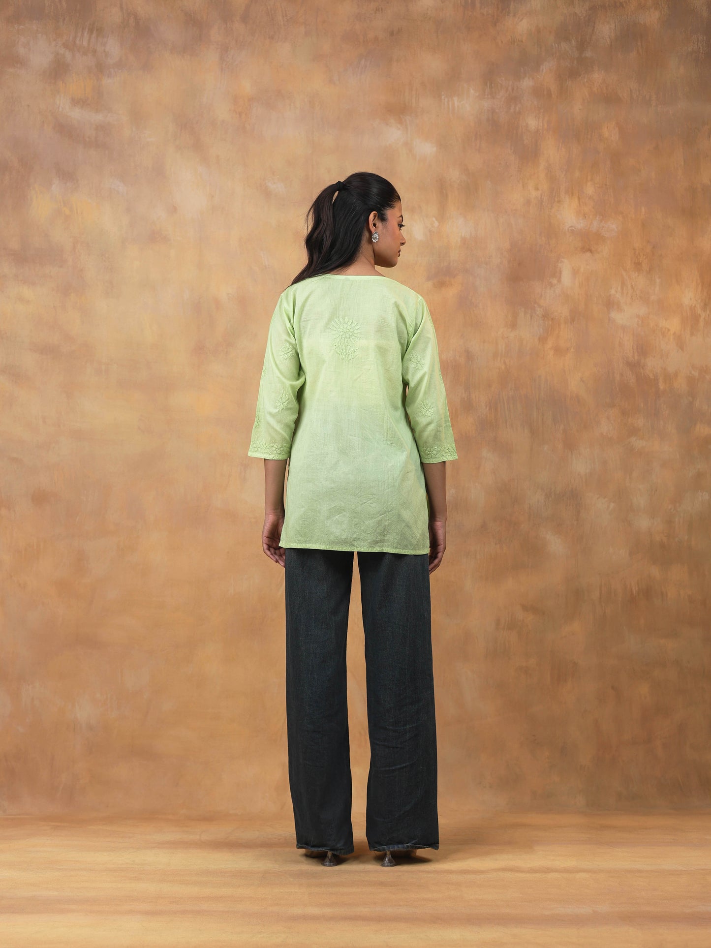 Green Cotton Chikankari Short Top