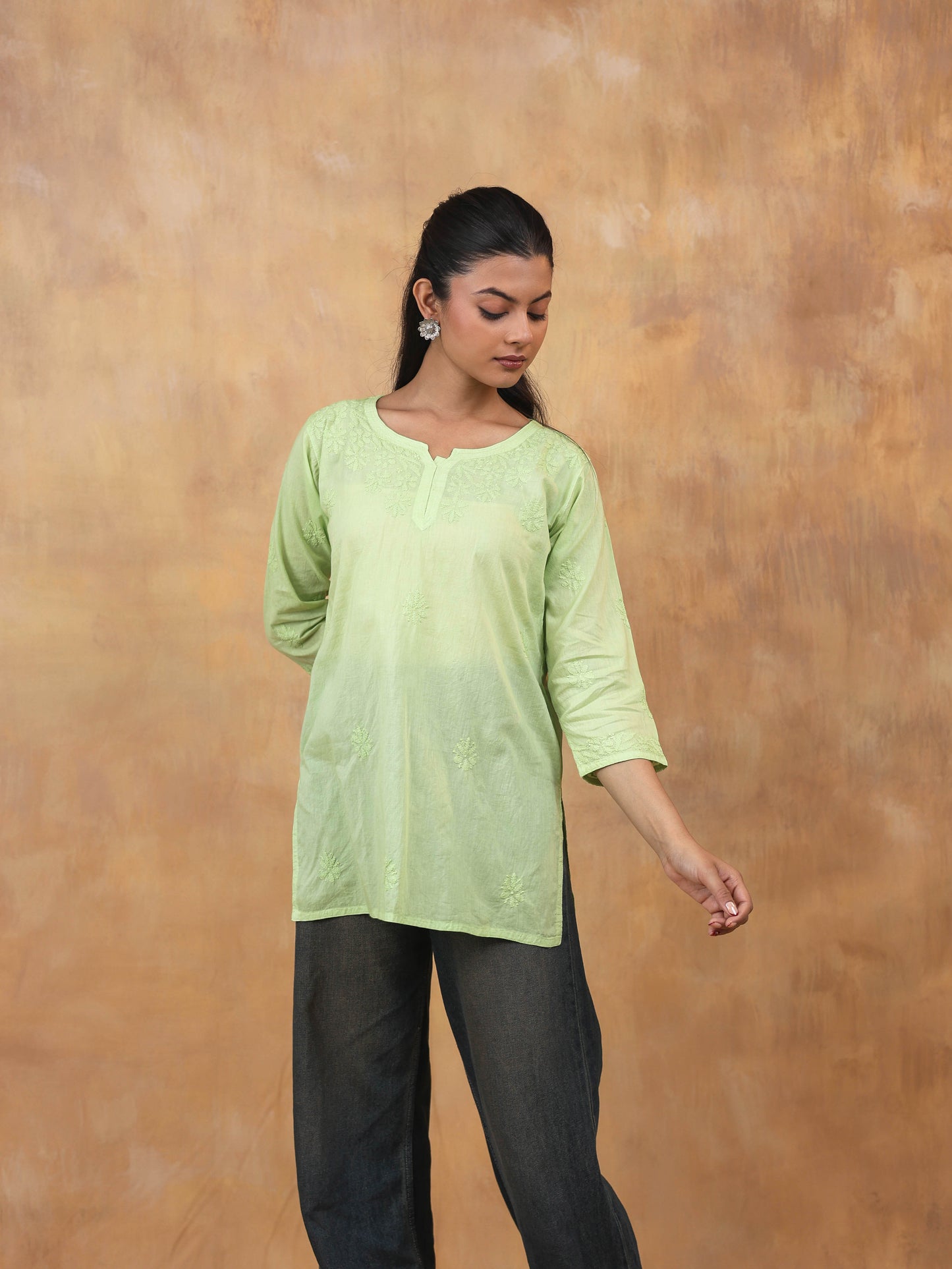 Green Cotton Chikankari Short Top