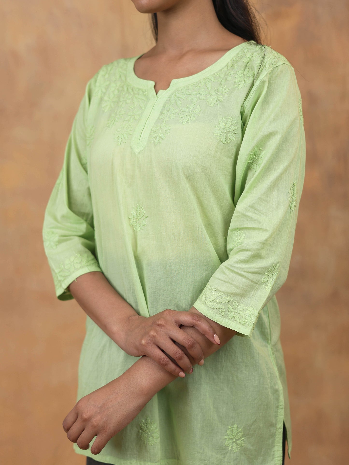 Green Cotton Chikankari Short Top
