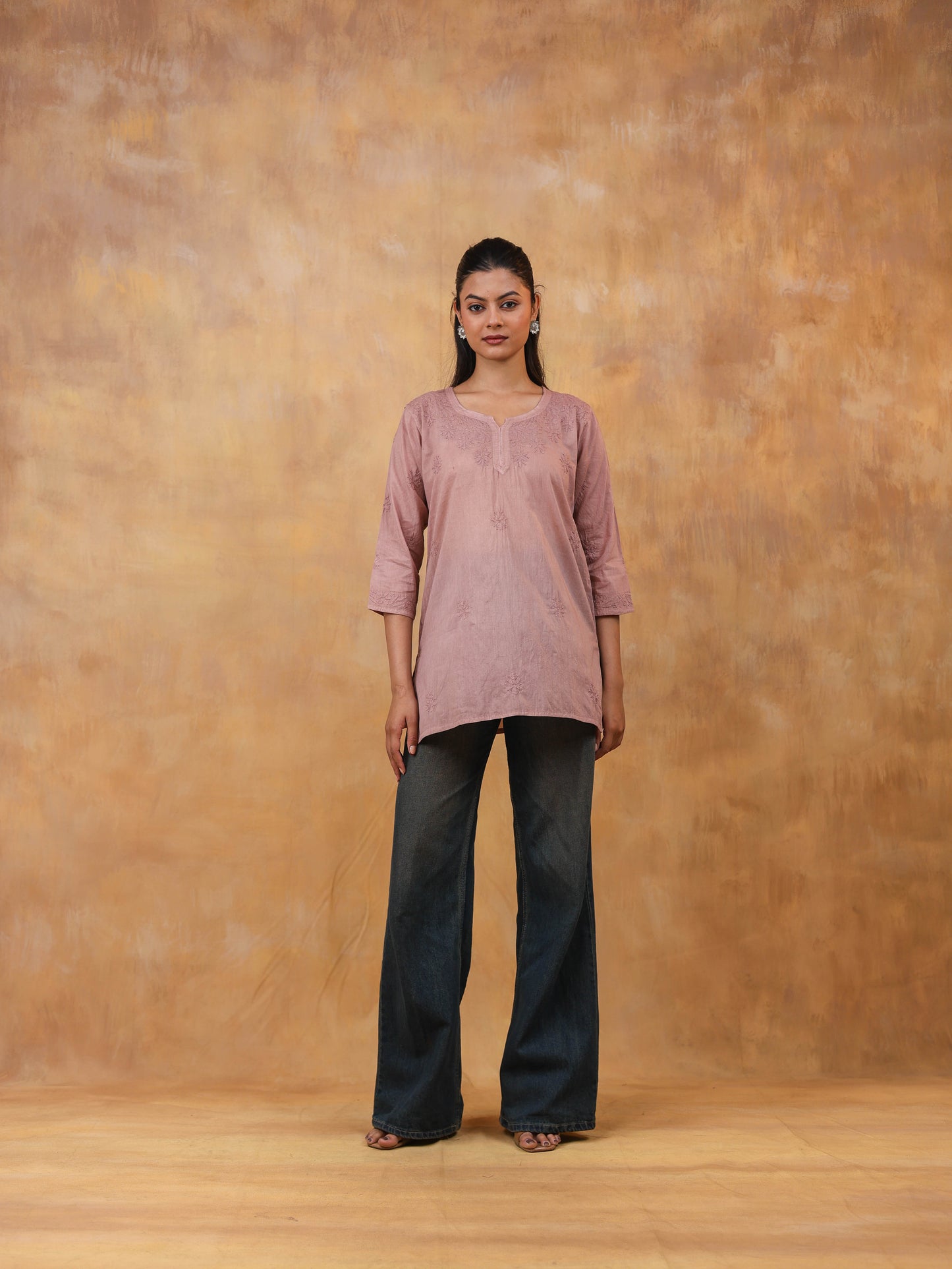 Brown Cotton Chikankari Short Top