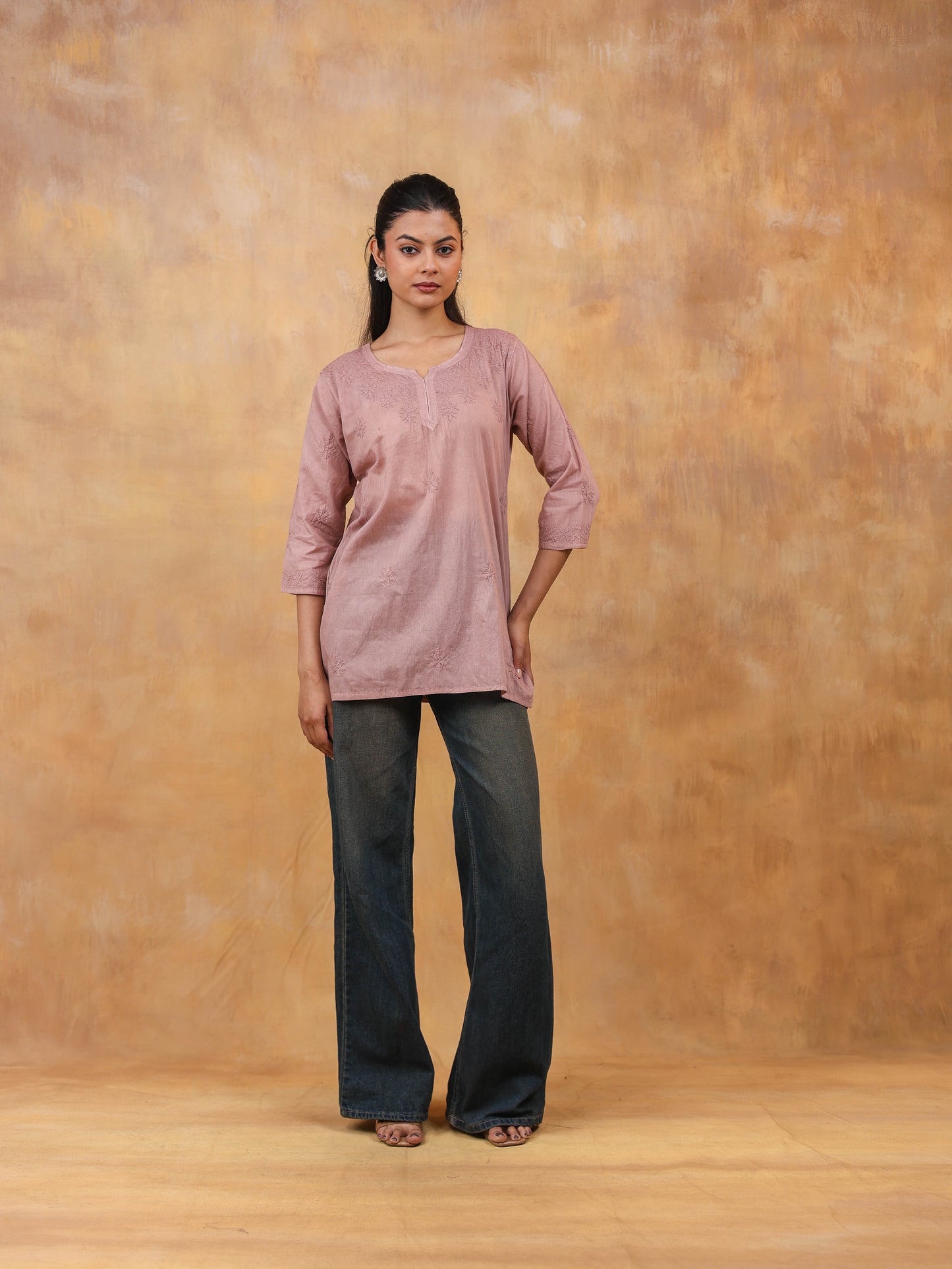 Brown Cotton Chikankari Short Top