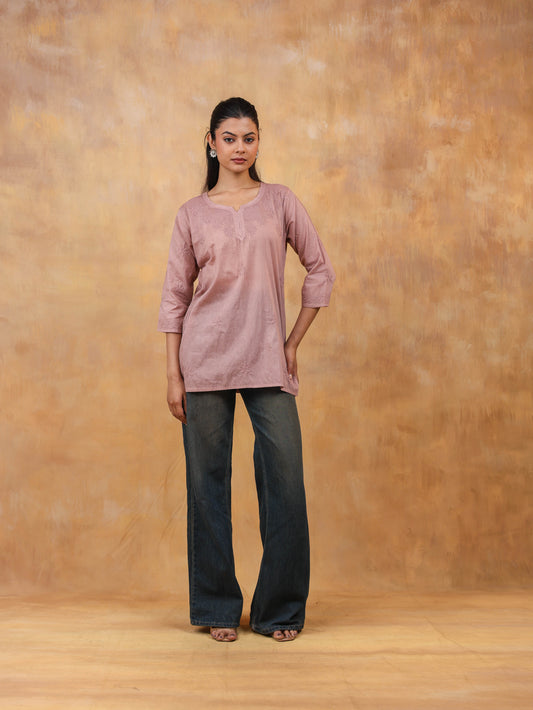Brown Cotton Chikankari Short Top
