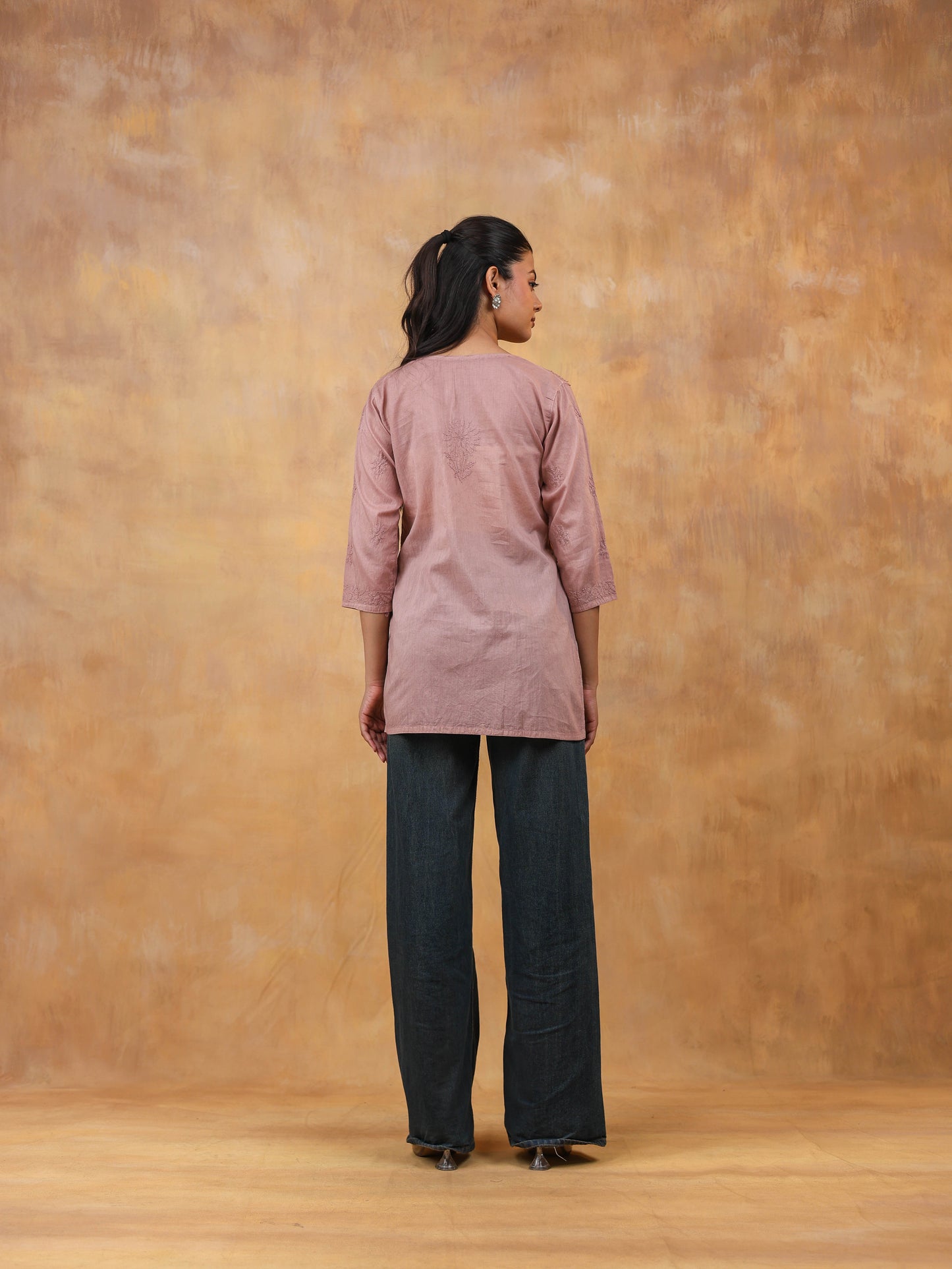Brown Cotton Chikankari Short Top