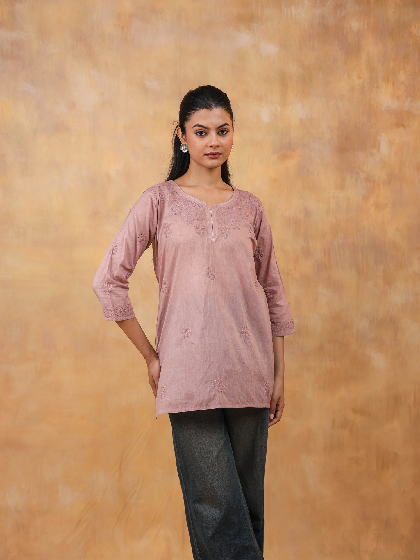 Brown Cotton Chikankari Short Top