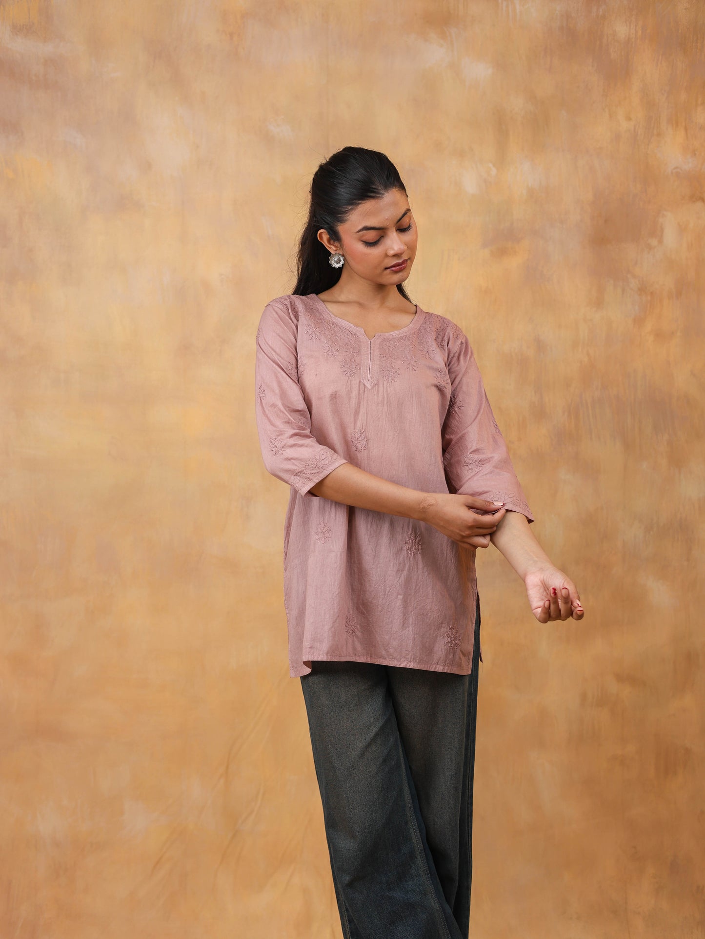 Brown Cotton Chikankari Short Top
