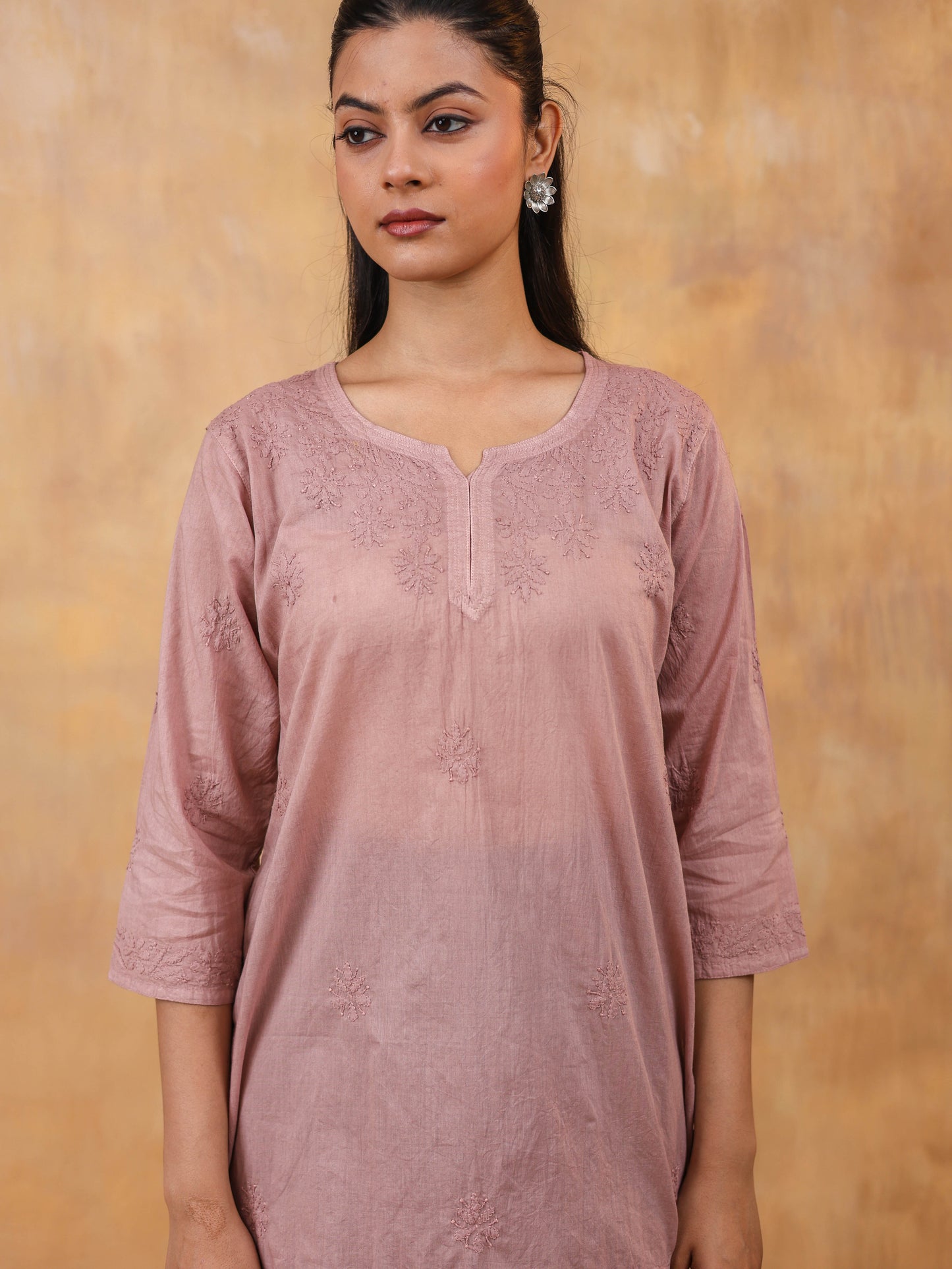 Brown Cotton Chikankari Short Top