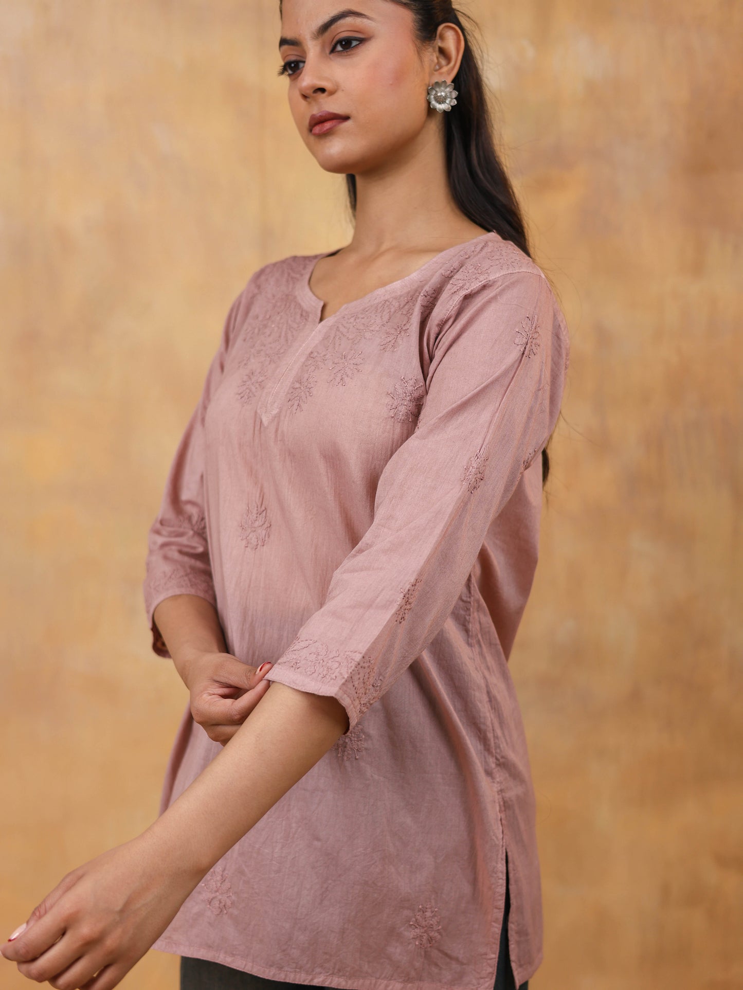 Brown Cotton Chikankari Short Top