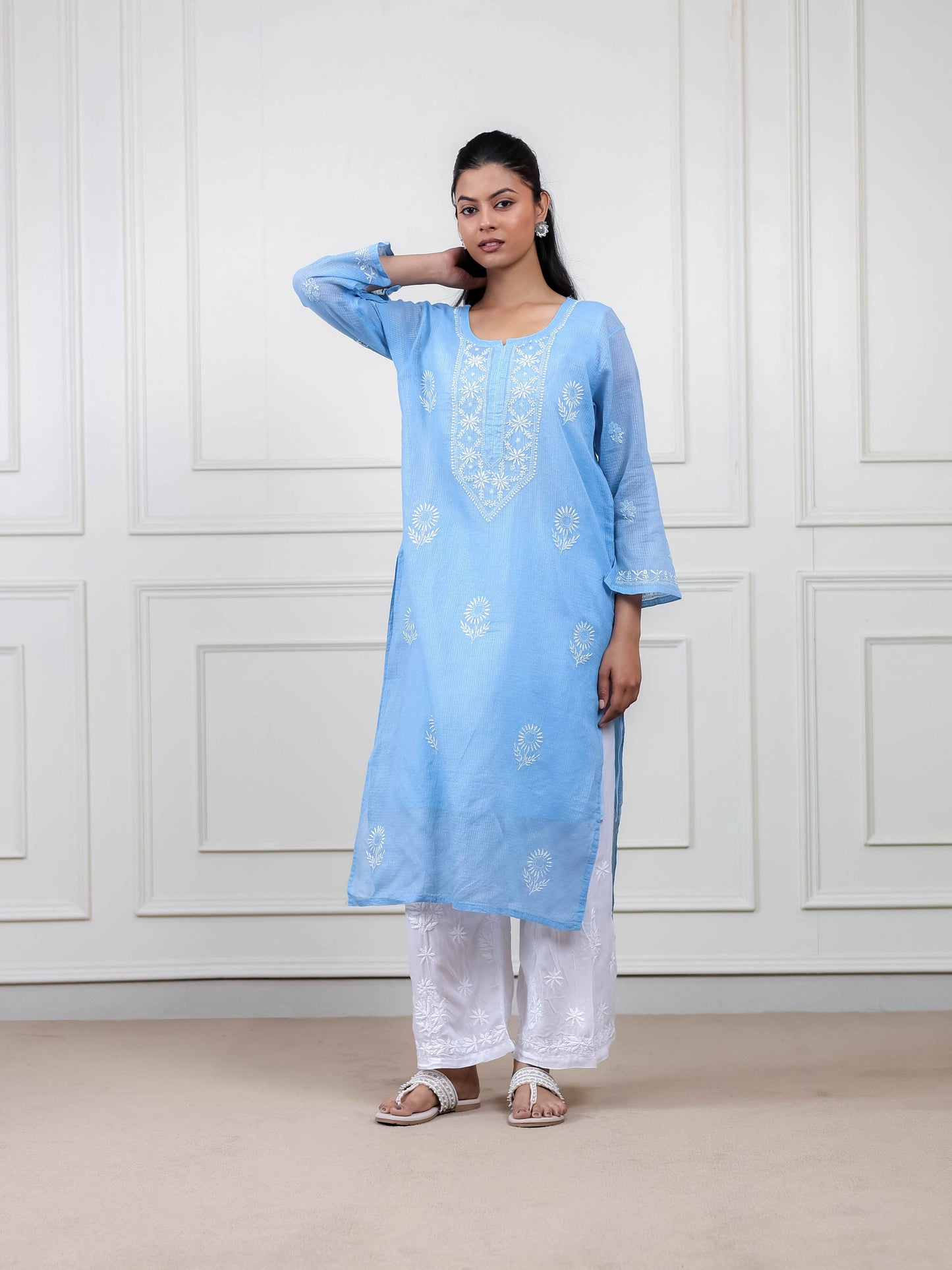 Blue Kota Doria Long Chikankari Kurti