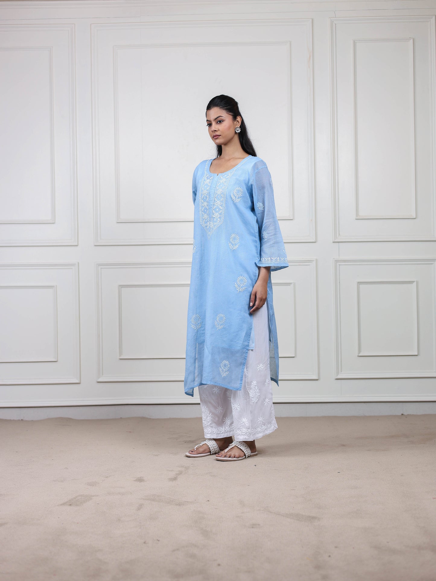 Blue Kota Doria Long Chikankari Kurti