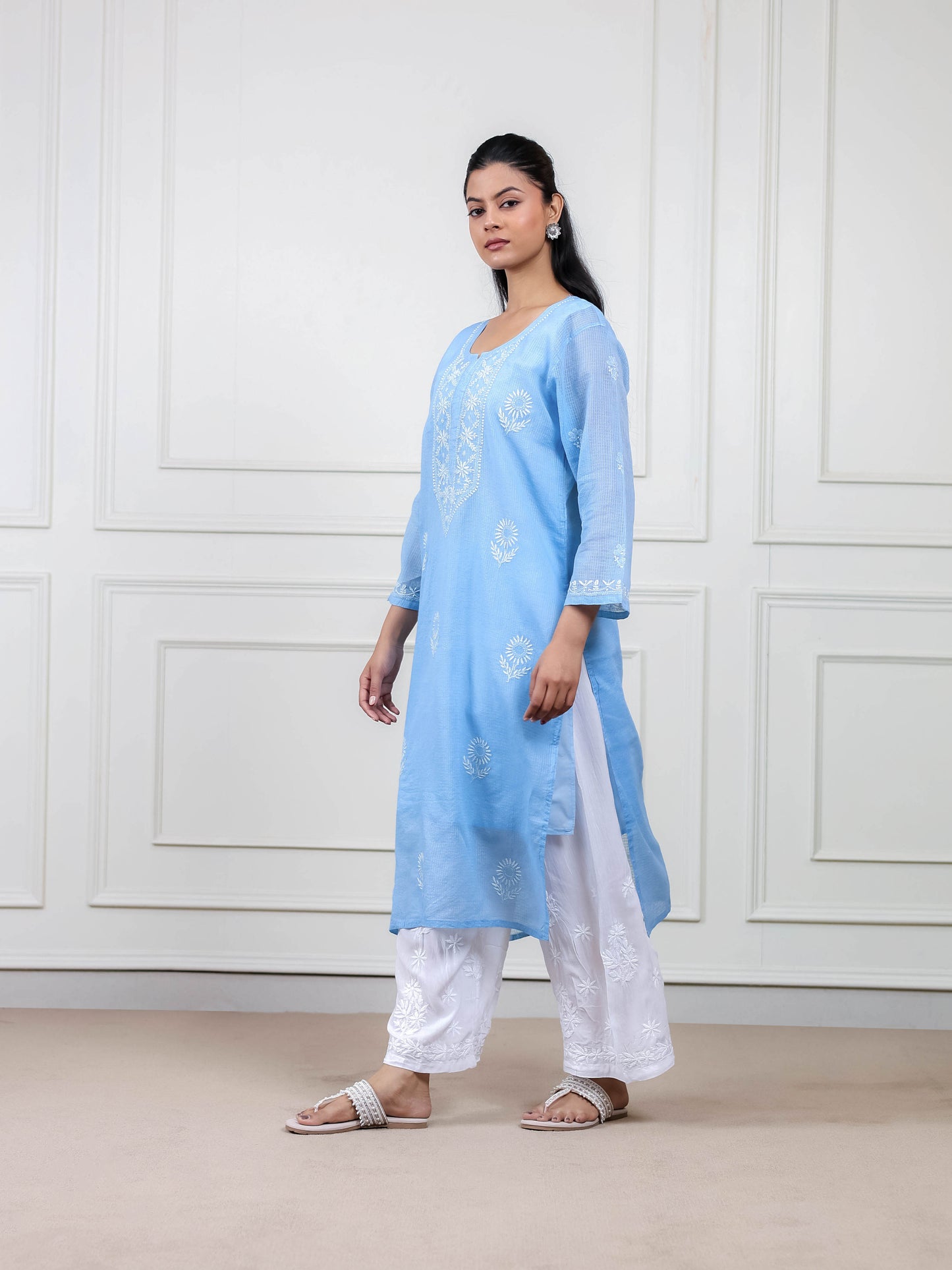 Blue Kota Doria Long Chikankari Kurti