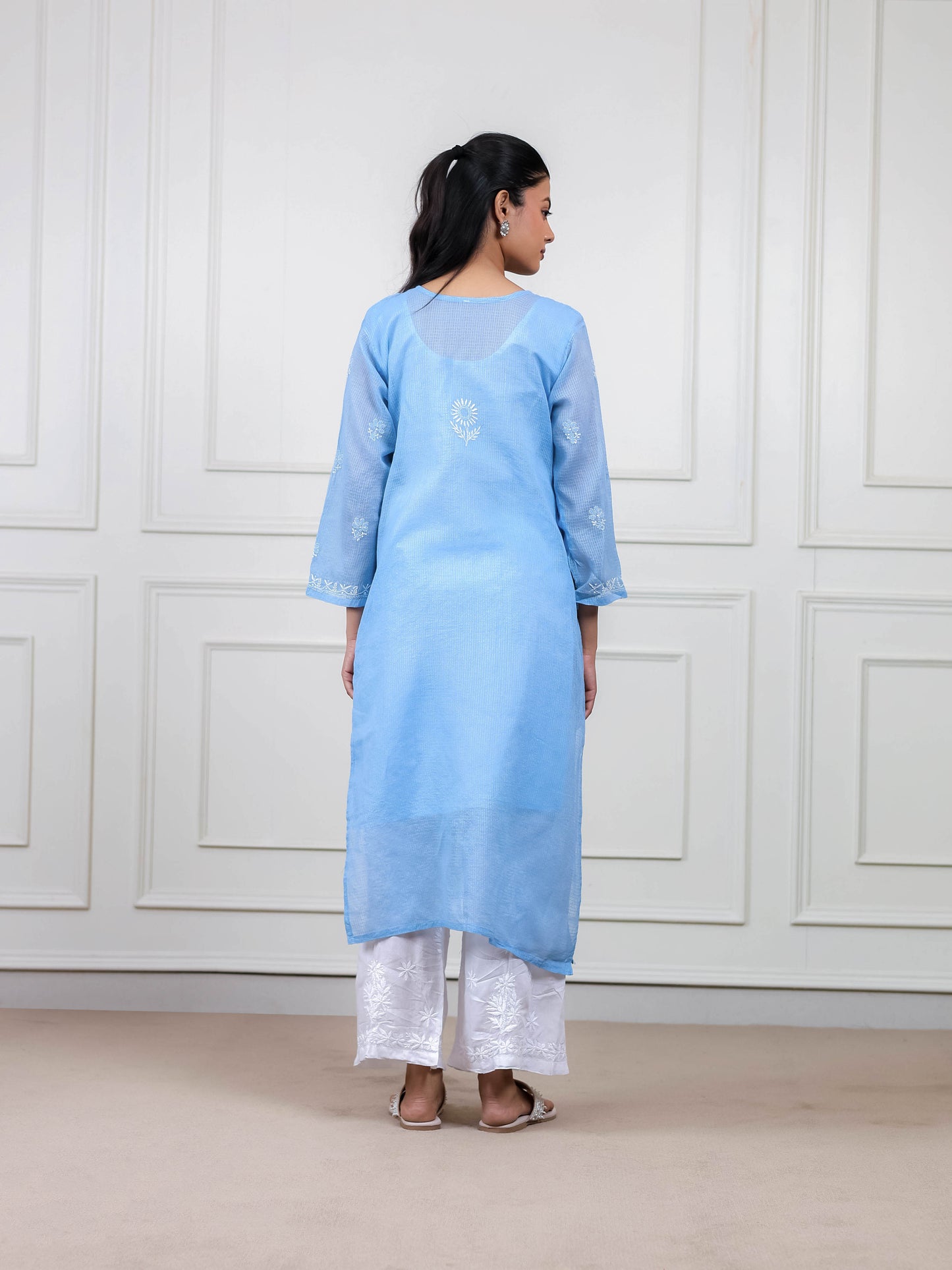 Blue Kota Doria Long Chikankari Kurti