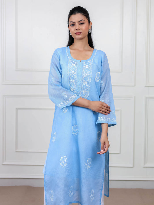 Blue Kota Doria Long Chikankari Kurti