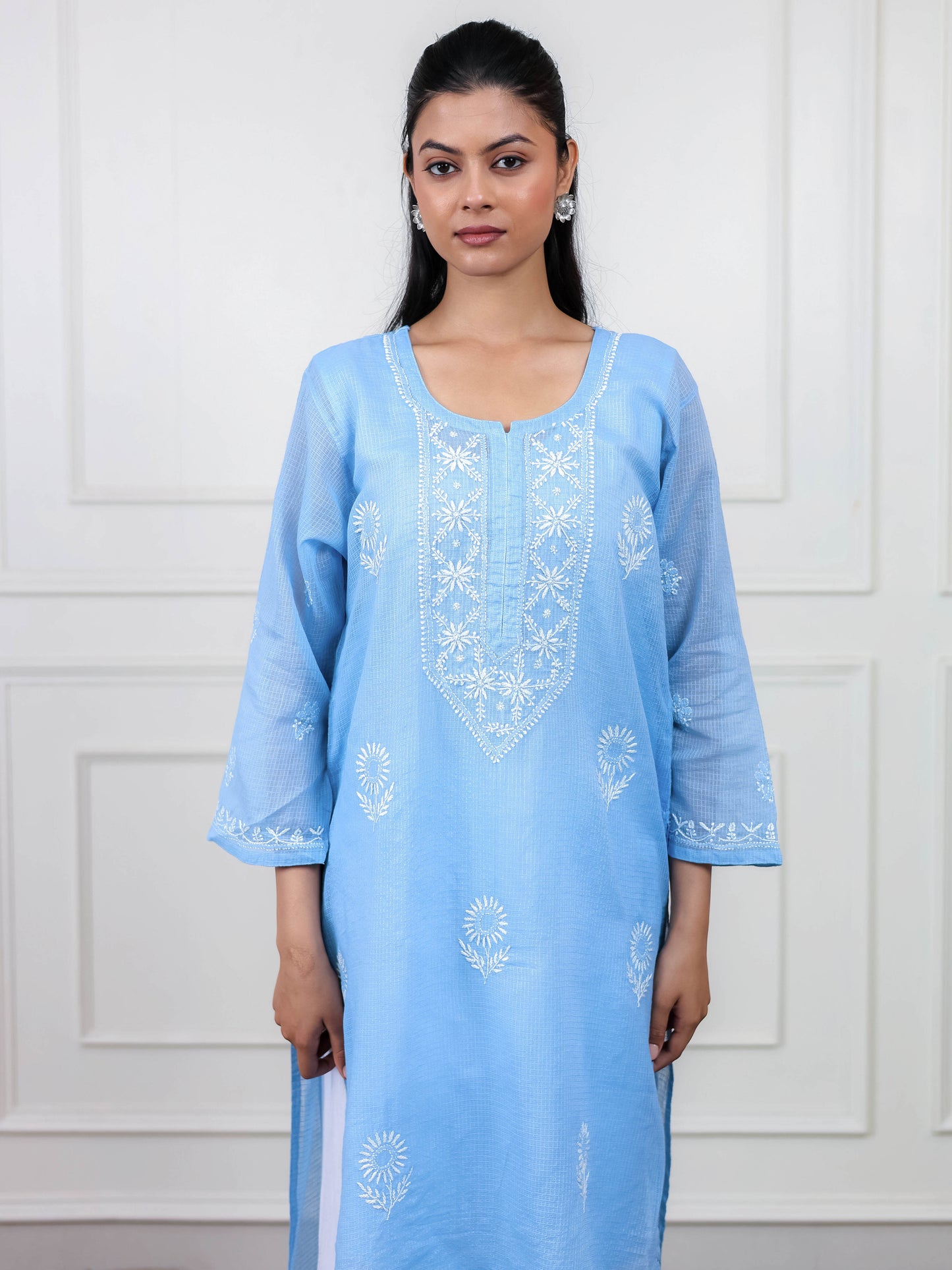 Blue Kota Doria Long Chikankari Kurti