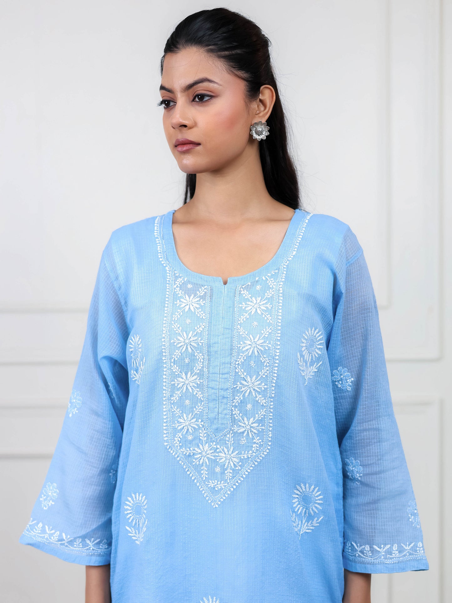 Blue Kota Doria Long Chikankari Kurti