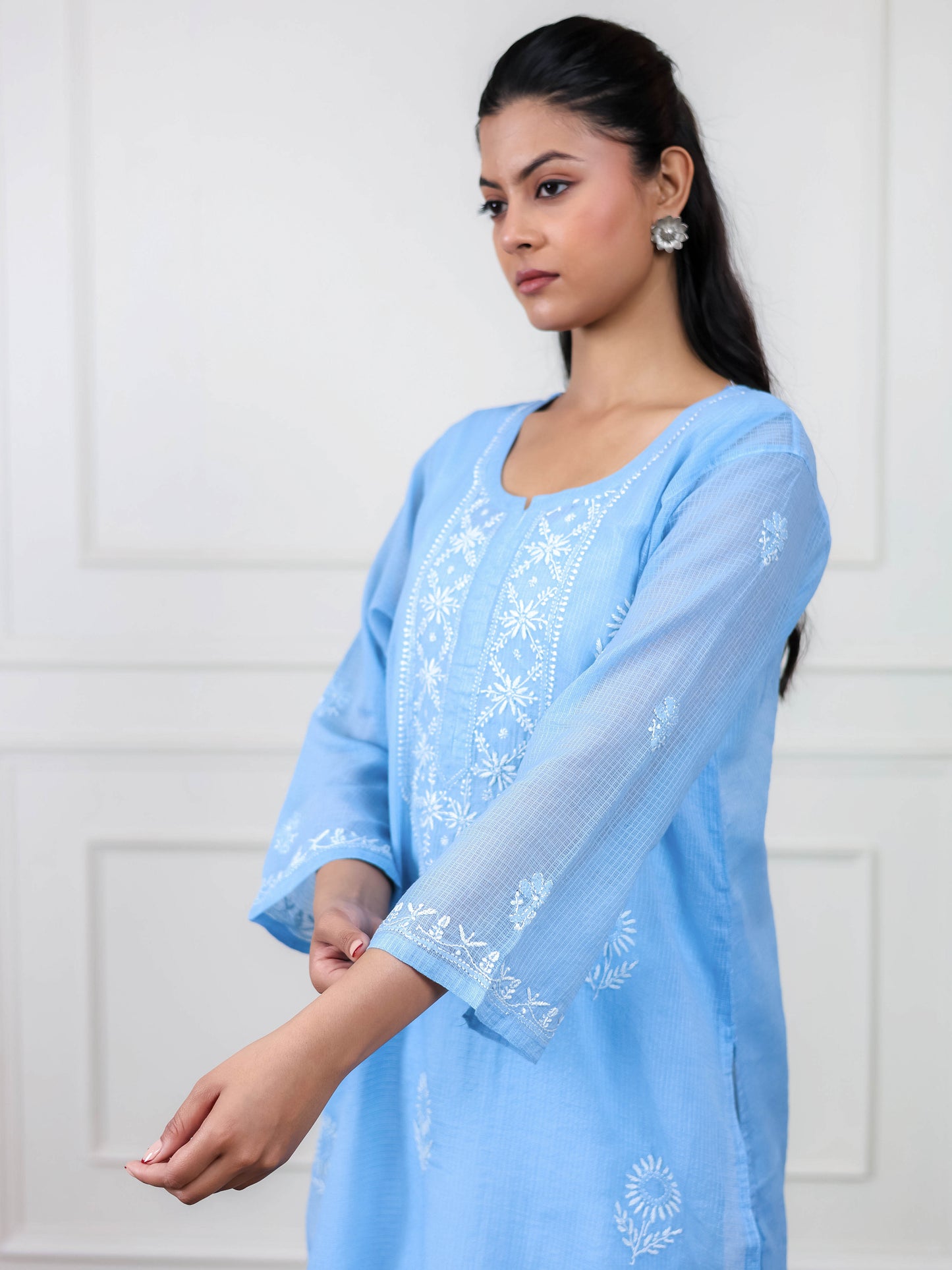 Blue Kota Doria Long Chikankari Kurti