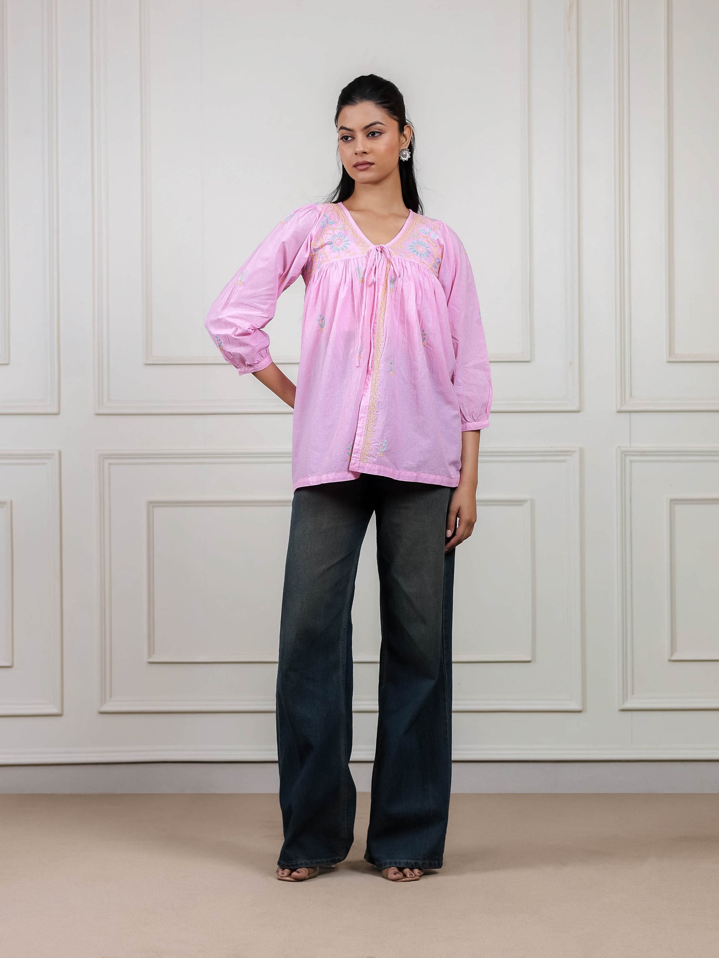 Pink Cotton Short Chikankari Tie-up Top