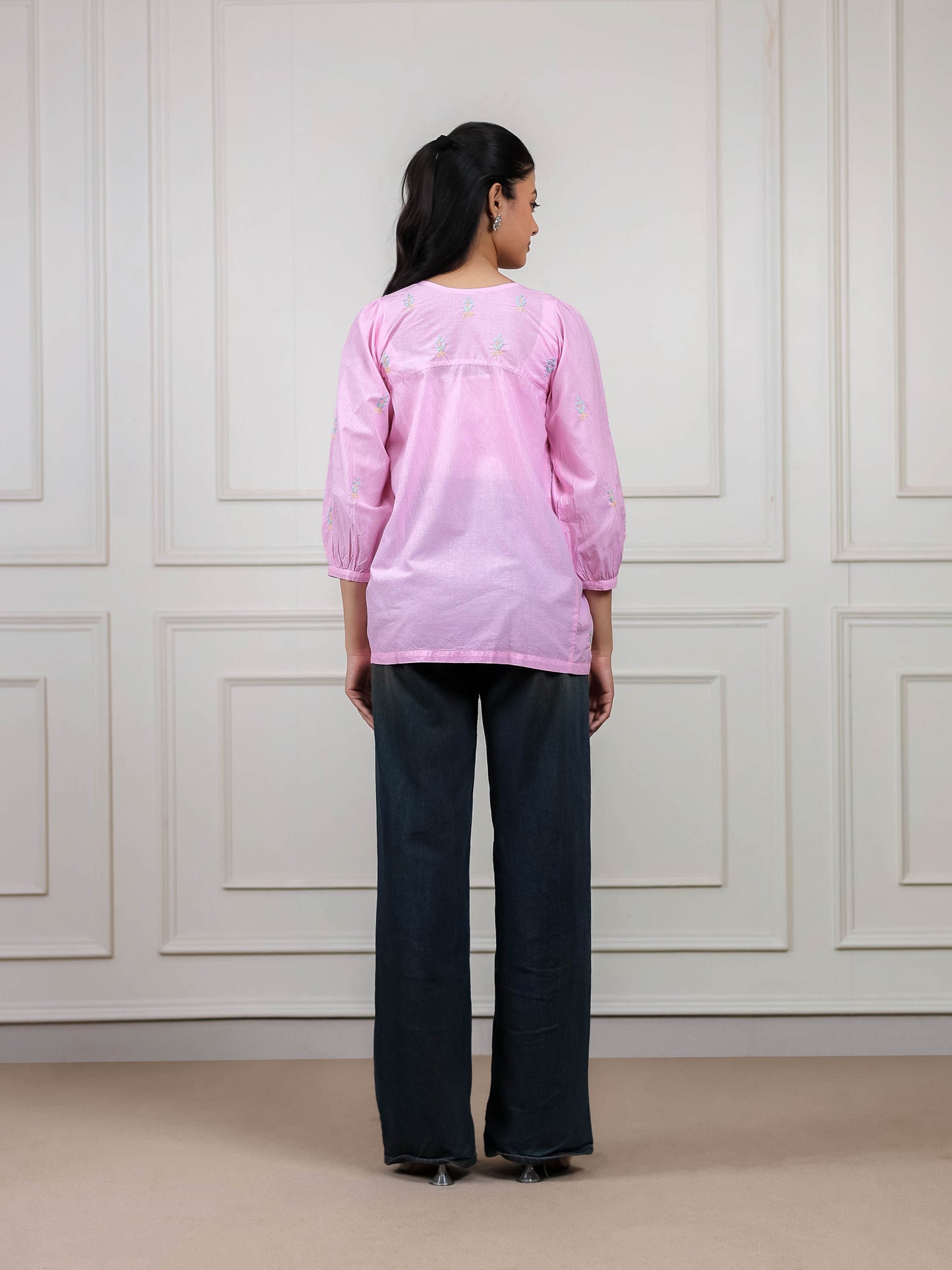 Pink Cotton Short Chikankari Tie-up Top