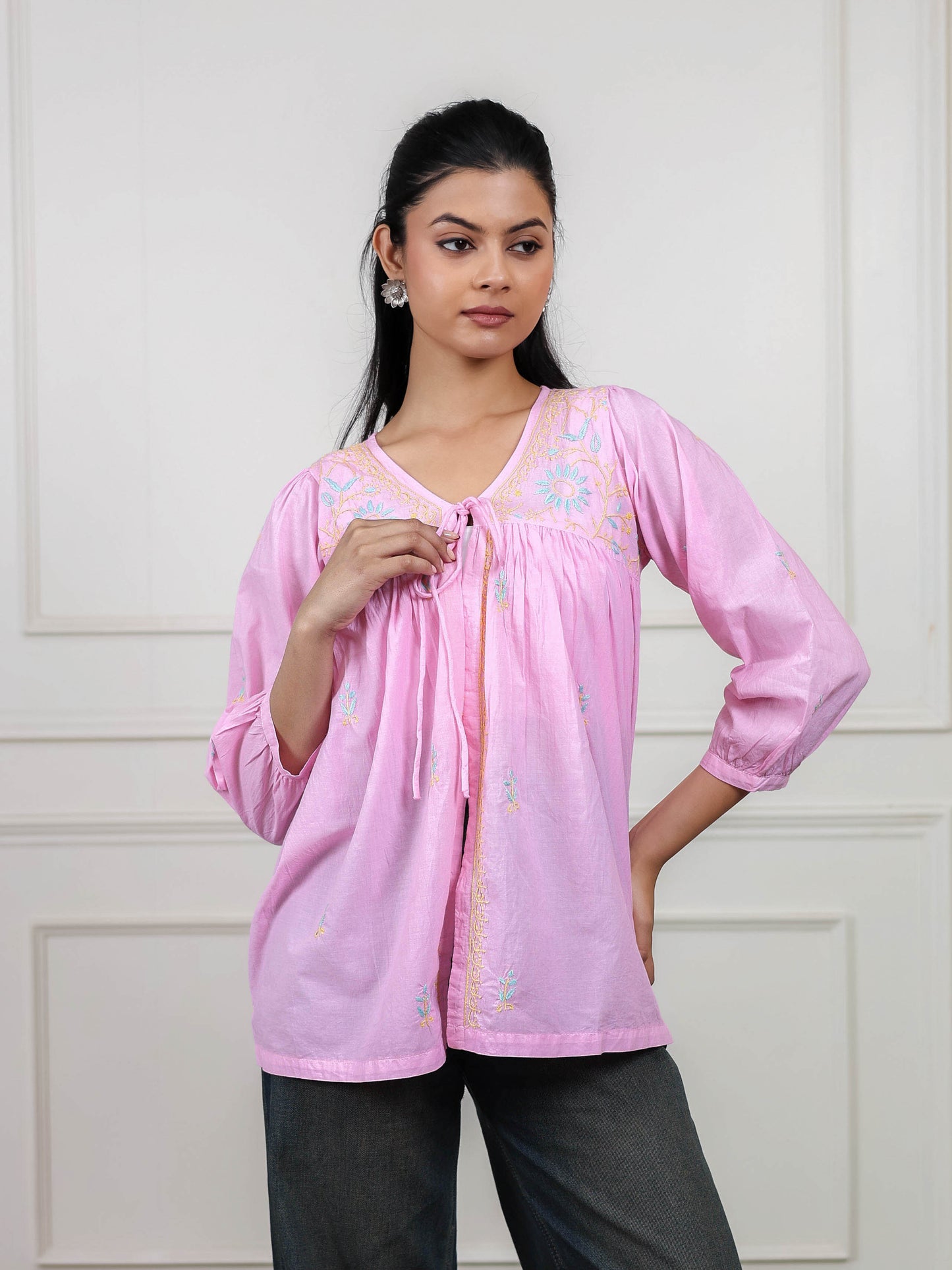 Pink Cotton Short Chikankari Tie-up Top