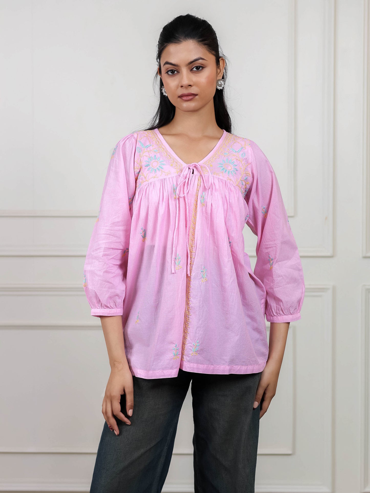 Pink Cotton Short Chikankari Tie-up Top