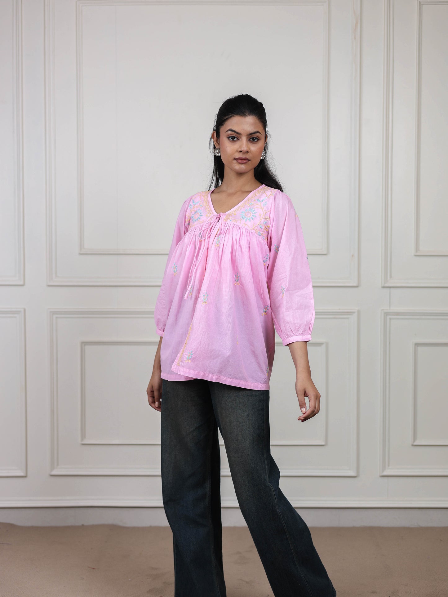 Pink Cotton Short Chikankari Tie-up Top