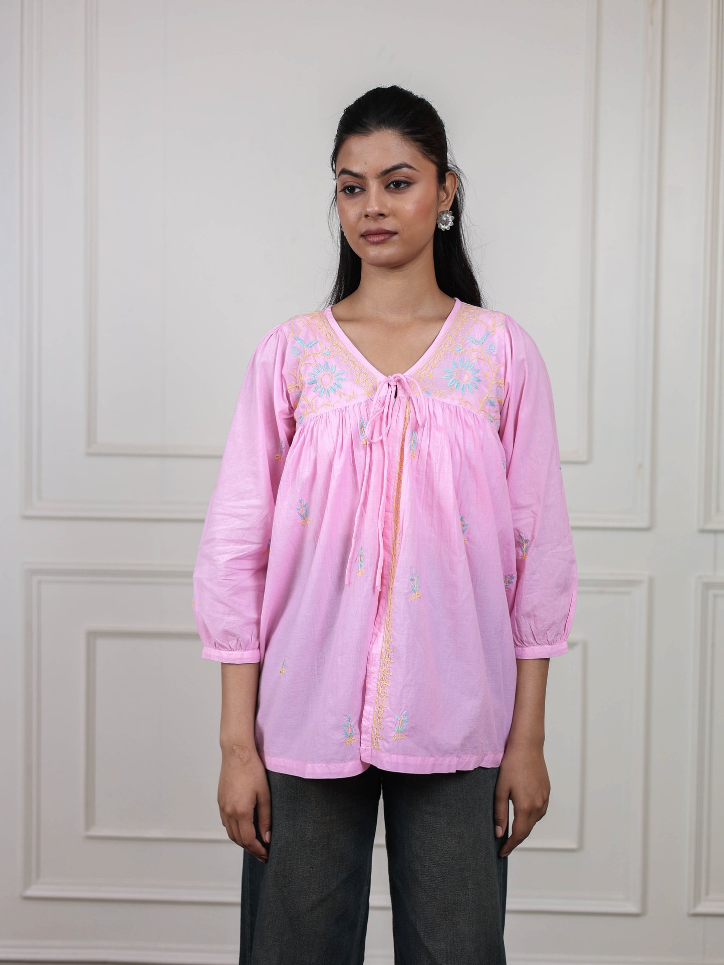 Pink Cotton Short Chikankari Tie-up Top