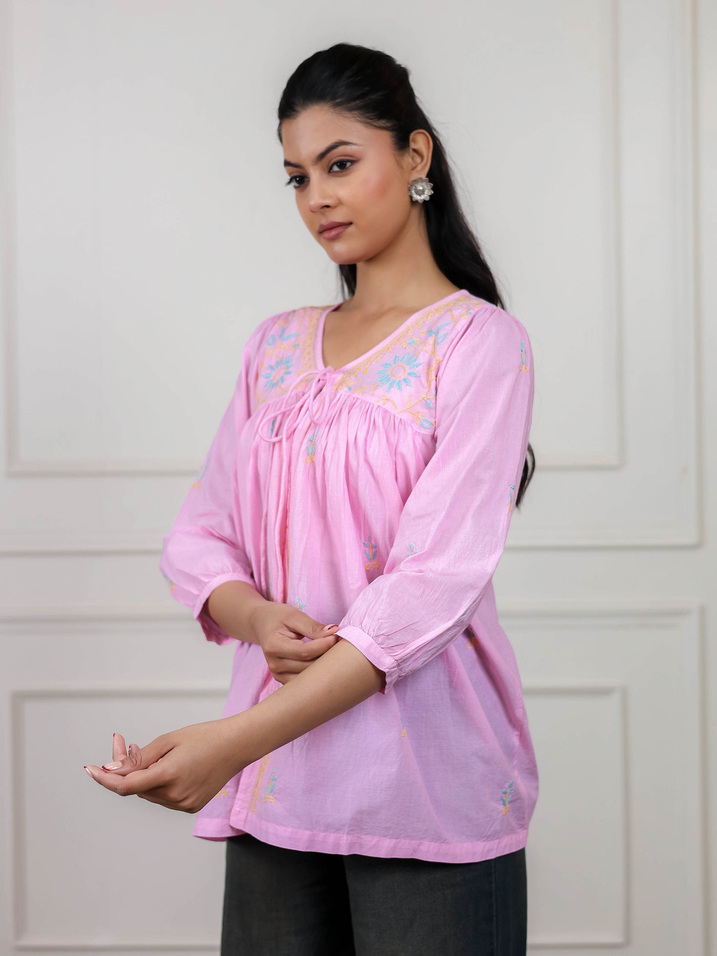 Pink Cotton Short Chikankari Tie-up Top