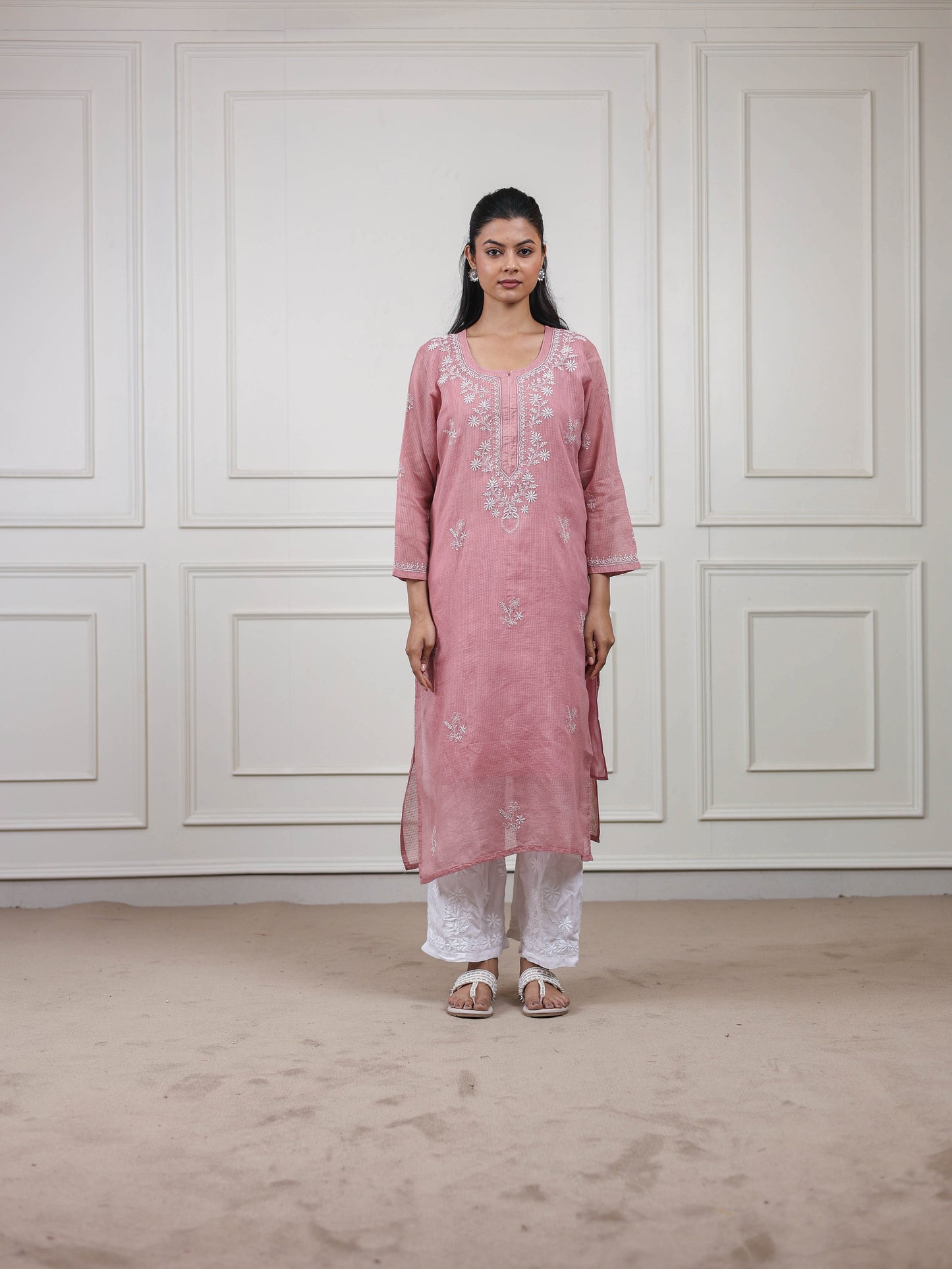 Kota Doria Long Chikankari Kurti