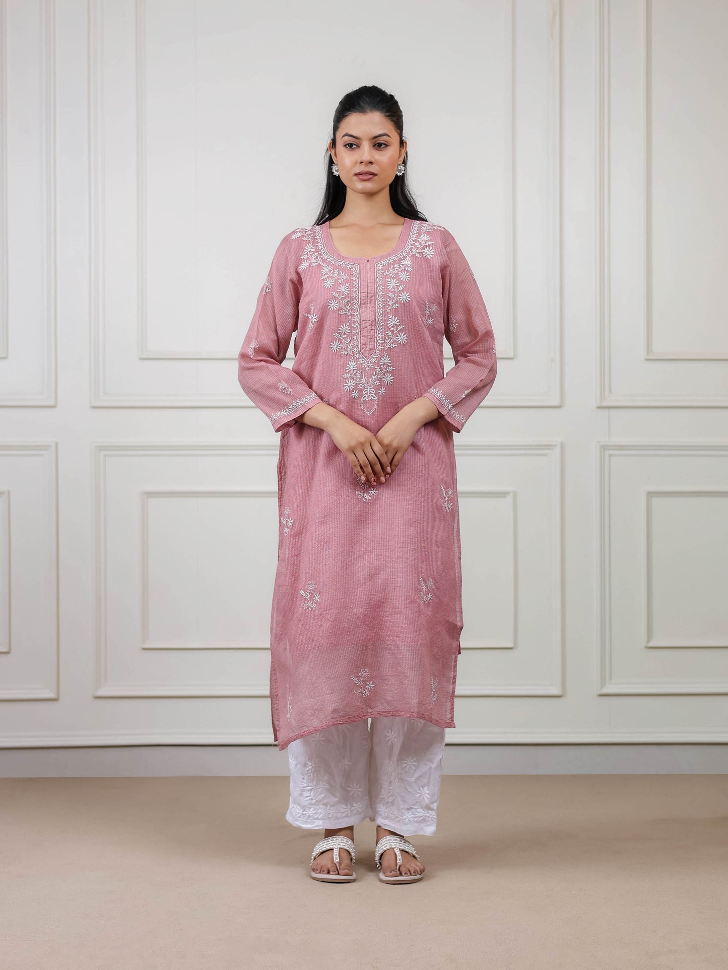 Kota Doria Long Chikankari Kurti