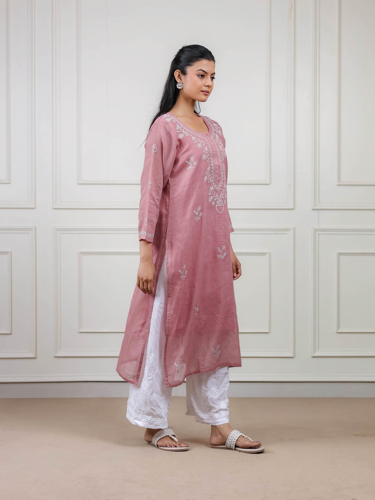 Kota Doria Long Chikankari Kurti