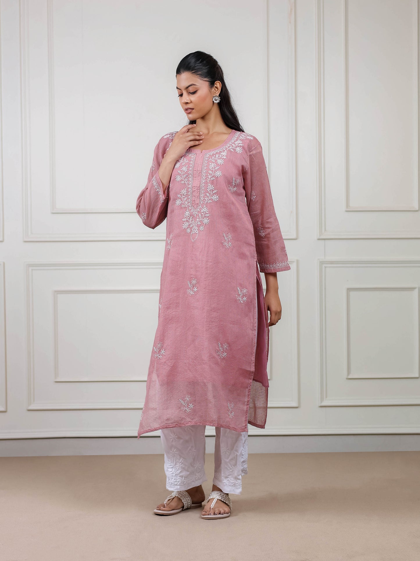 Kota Doria Long Chikankari Kurti