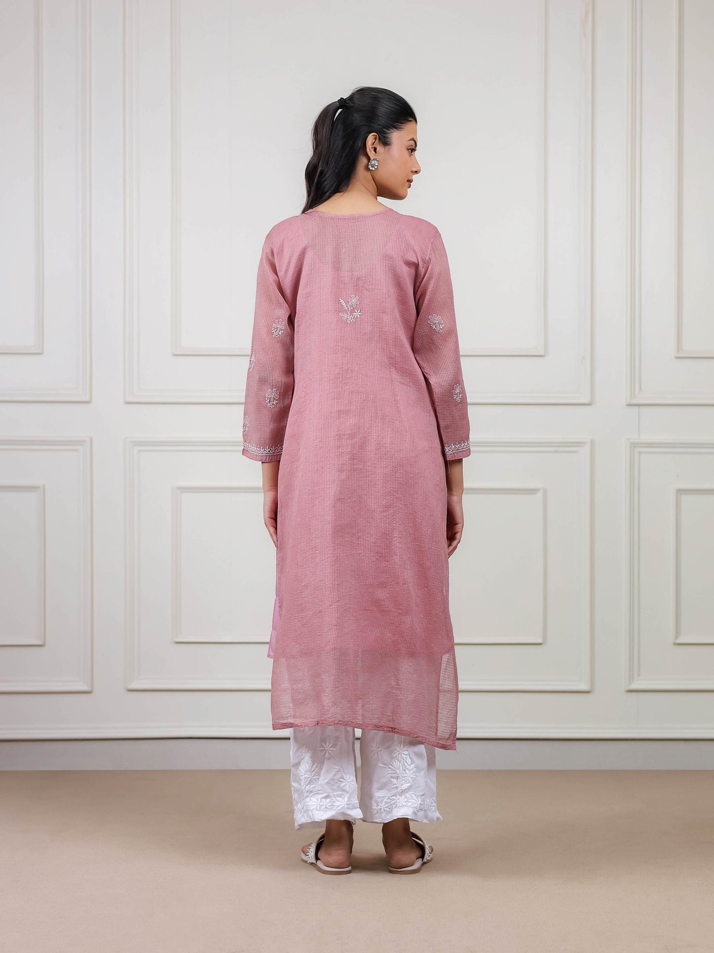 Kota Doria Long Chikankari Kurti