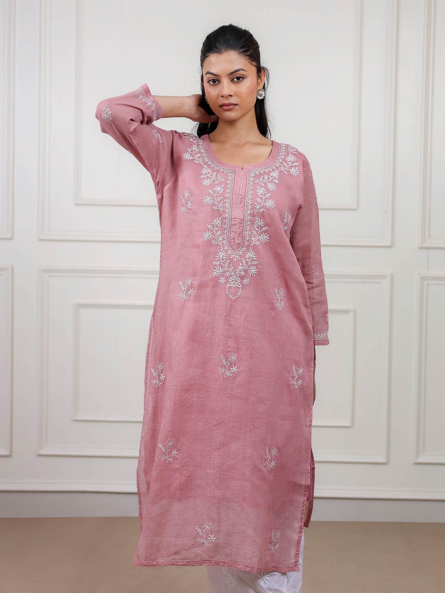 Kota Doria Long Chikankari Kurti