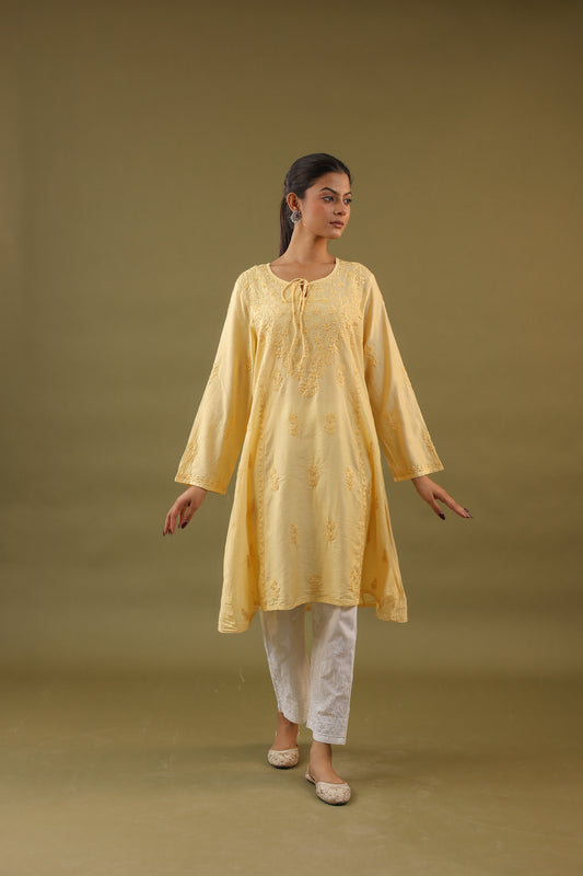 Chanderi A Line Chikankari Kurti