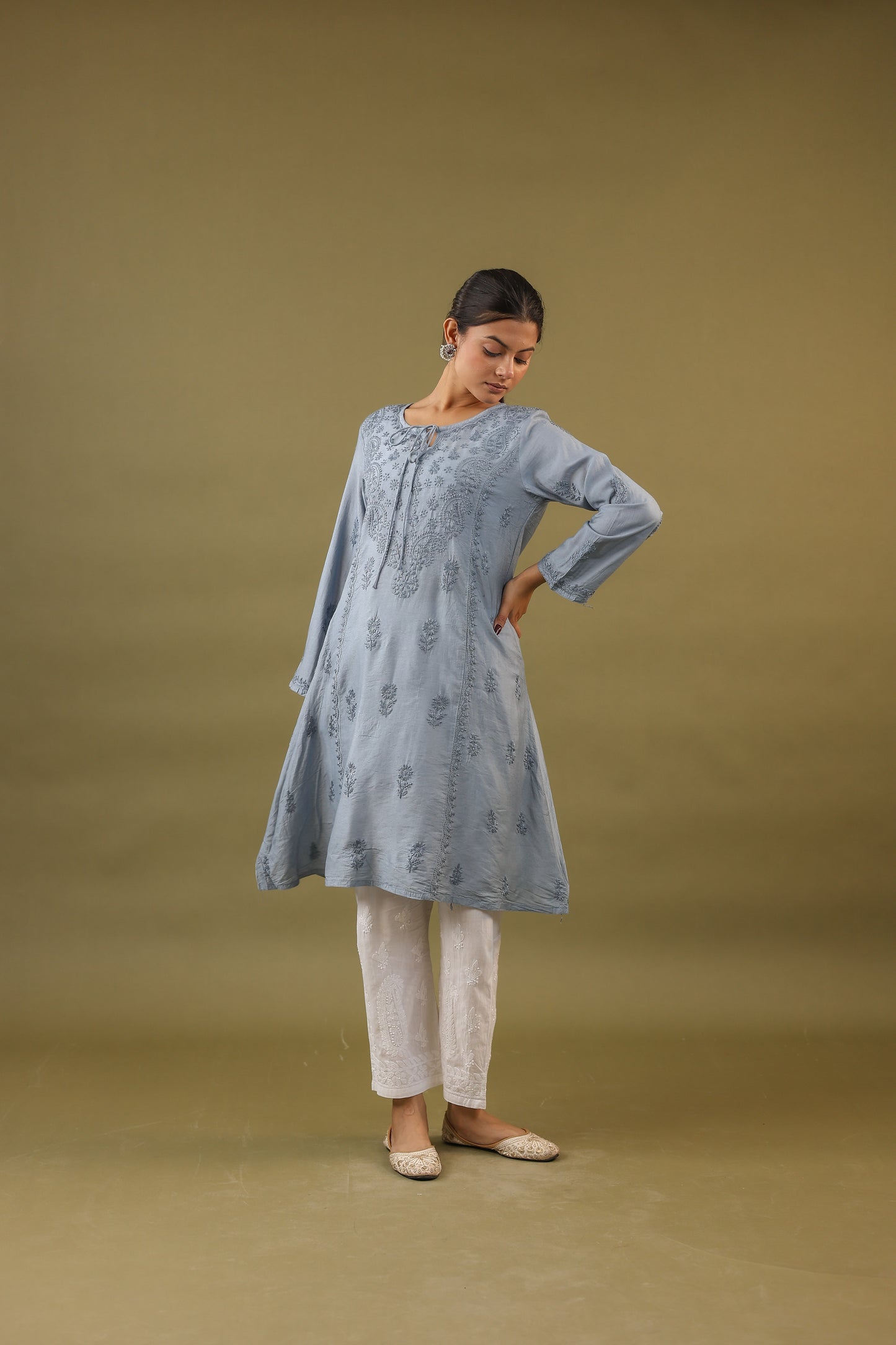 Chanderi A Line Chikankari Kurti