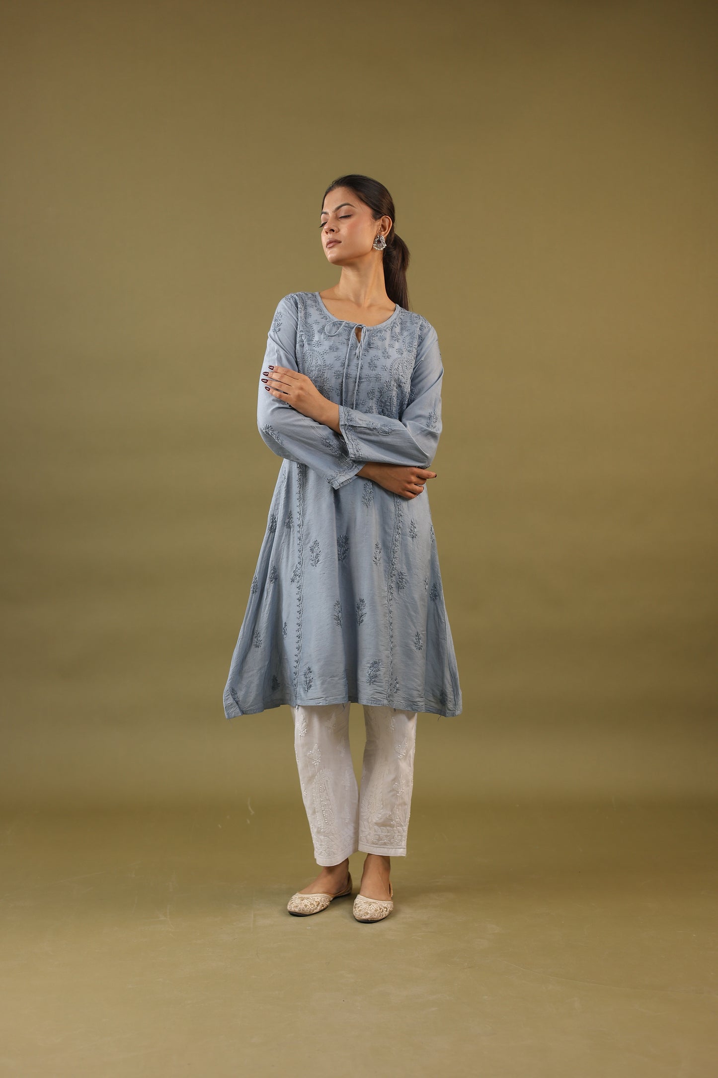 Chanderi A Line Chikankari Kurti