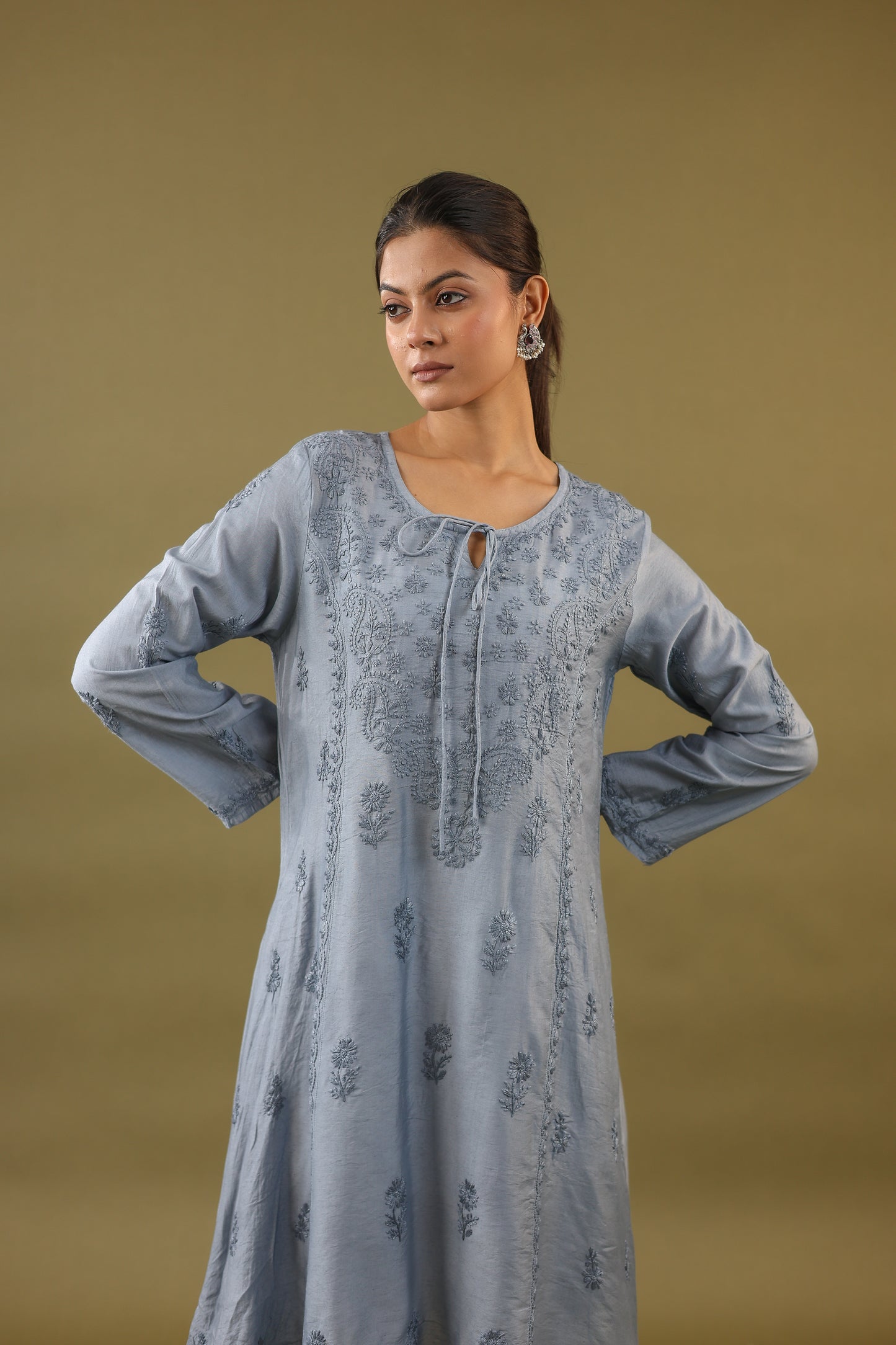 Chanderi A Line Chikankari Kurti