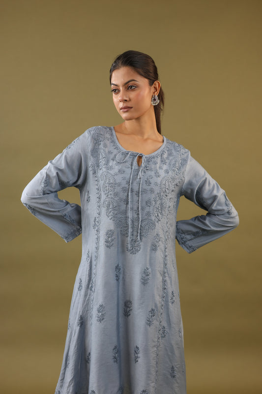 Chanderi A Line Chikankari Kurti