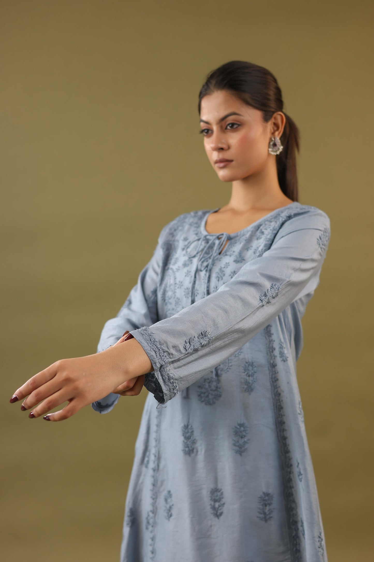 Chanderi A Line Chikankari Kurti