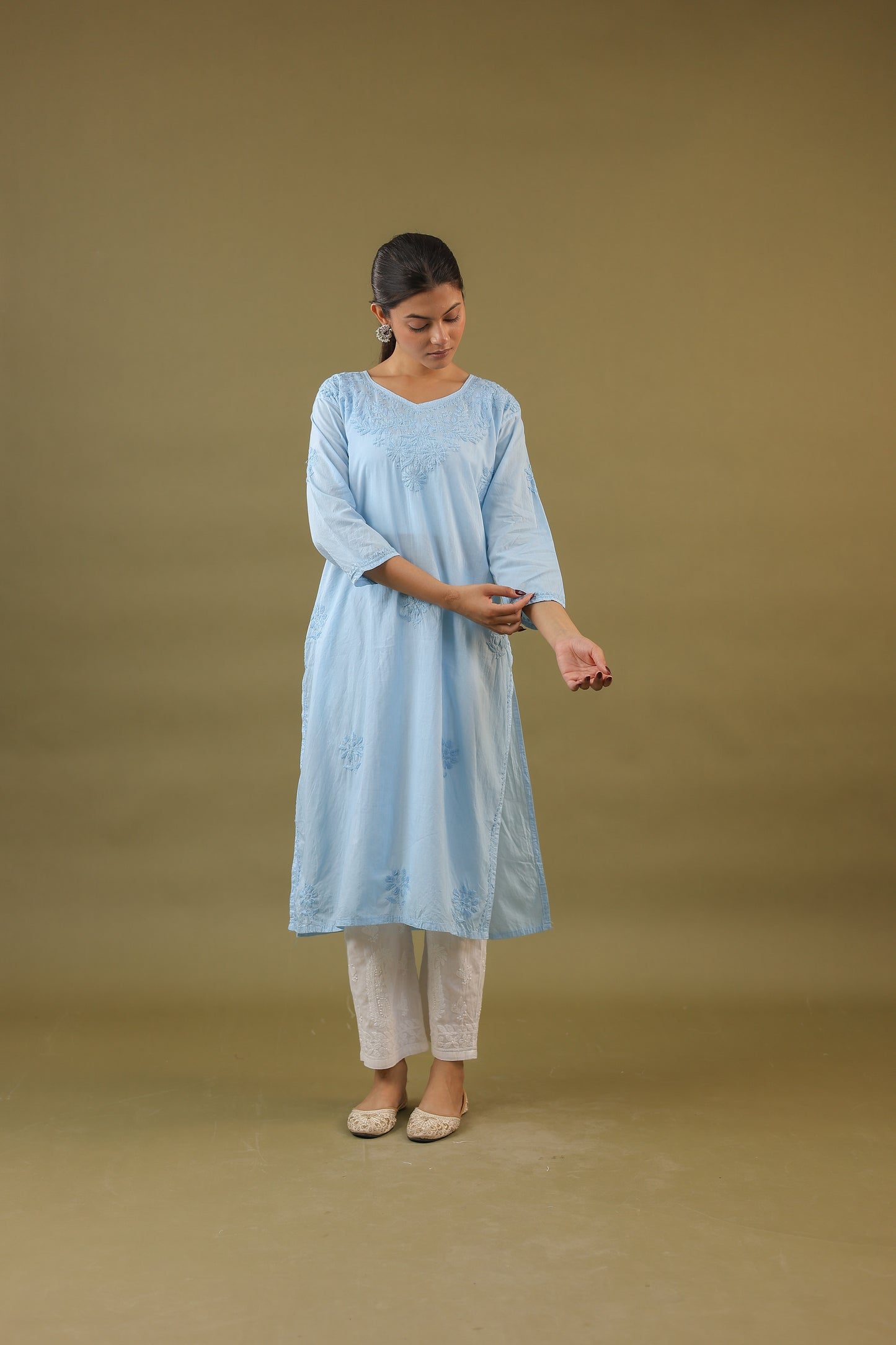 Cotton V Neck Long Chikankari Kurti