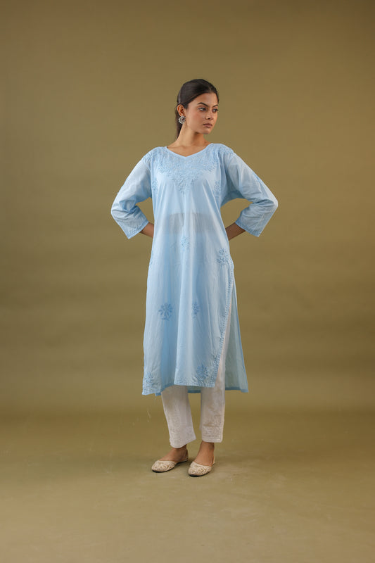 Cotton V Neck Long Chikankari Kurti
