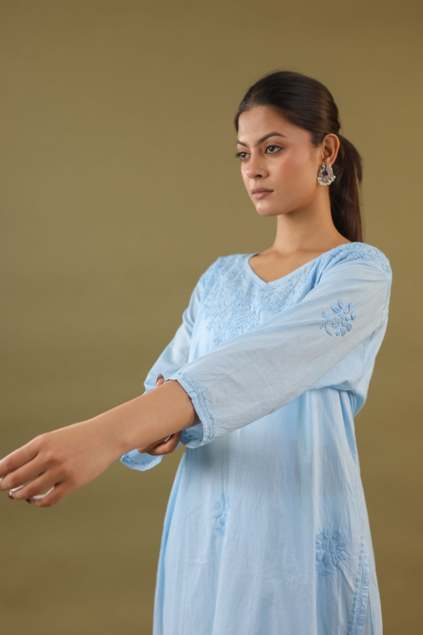 Cotton V Neck Long Chikankari Kurti